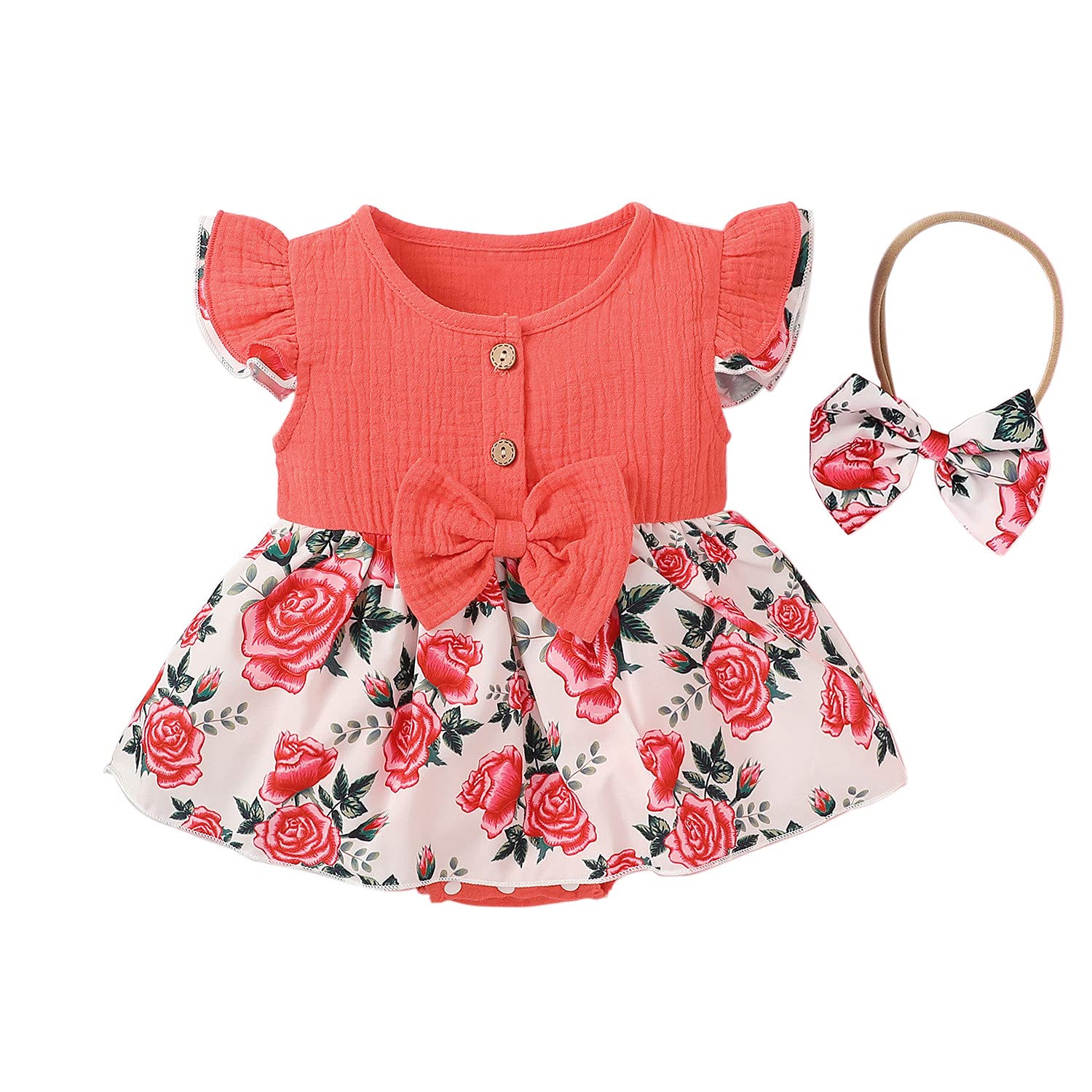 Toddler Baby Girls Floral Romper Dress - Cotton Linen Summer Outfit with Bow Details | Perfect for Playdates, Parties & Photo Shoots