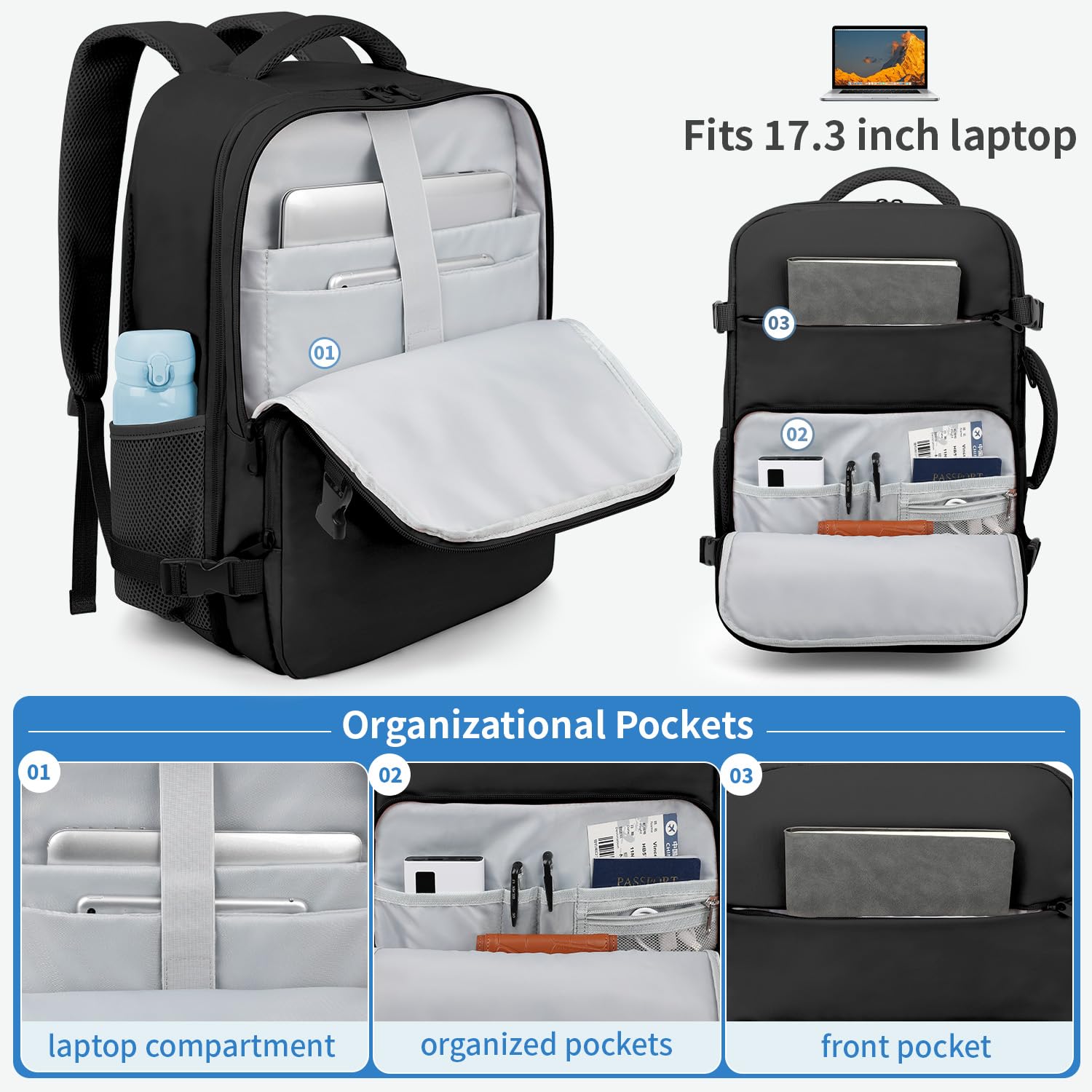ZOMFELT Men's Travel Backpack - TSA Approved 17.3 Inch Laptop Carry On Backpack for Airplane, Business Trip & School - Water Resistant Flight Personal Item Bag for Nurses, Weekender & Casual Daypack (Black) - Perfect for Commuting, College Campus & Business Travel