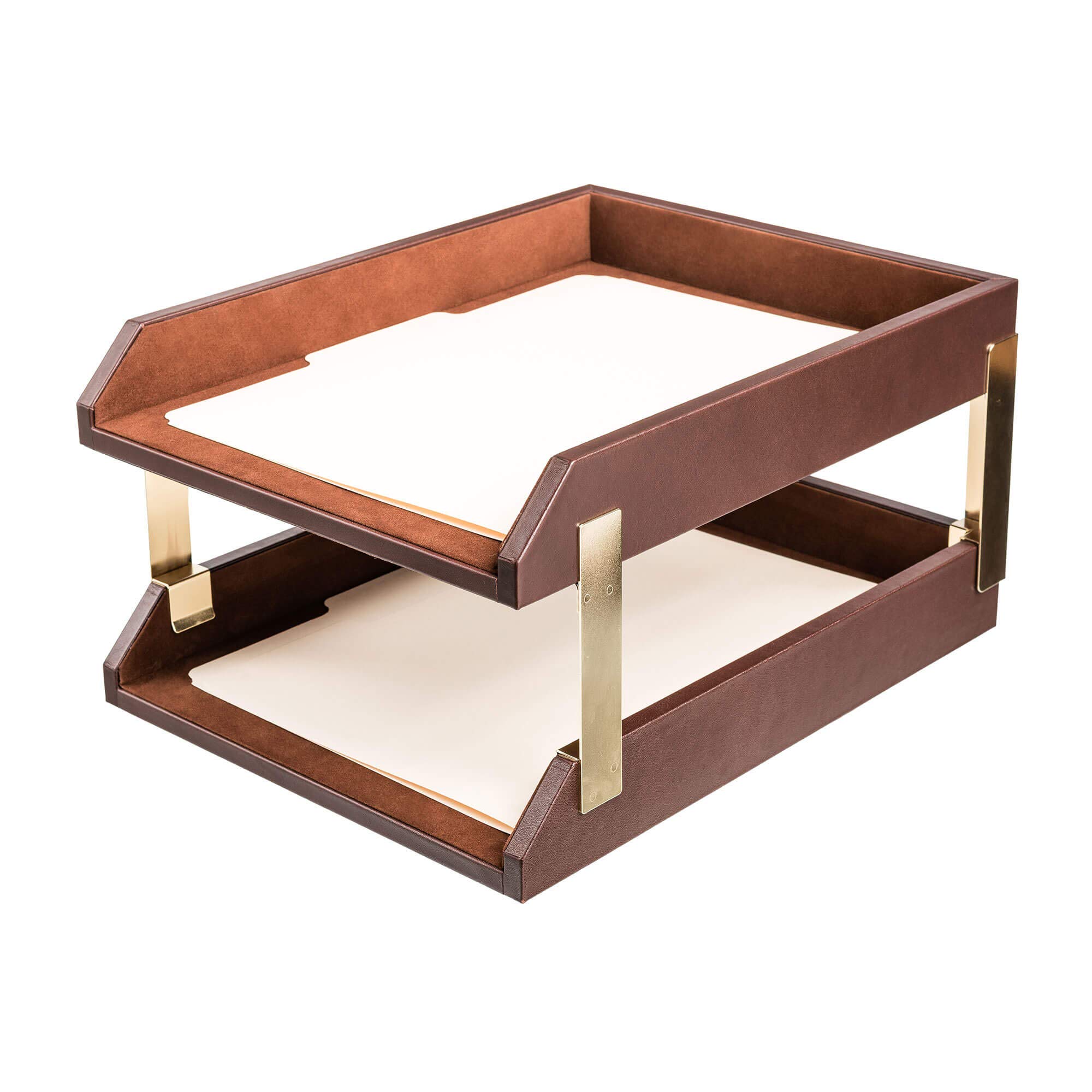 Dacasso Leather Double Letter Trays - Premium Chocolate Brown Office Organizer (A3420) | Perfect for Desk Organization, File Sorting & Home Office Storage