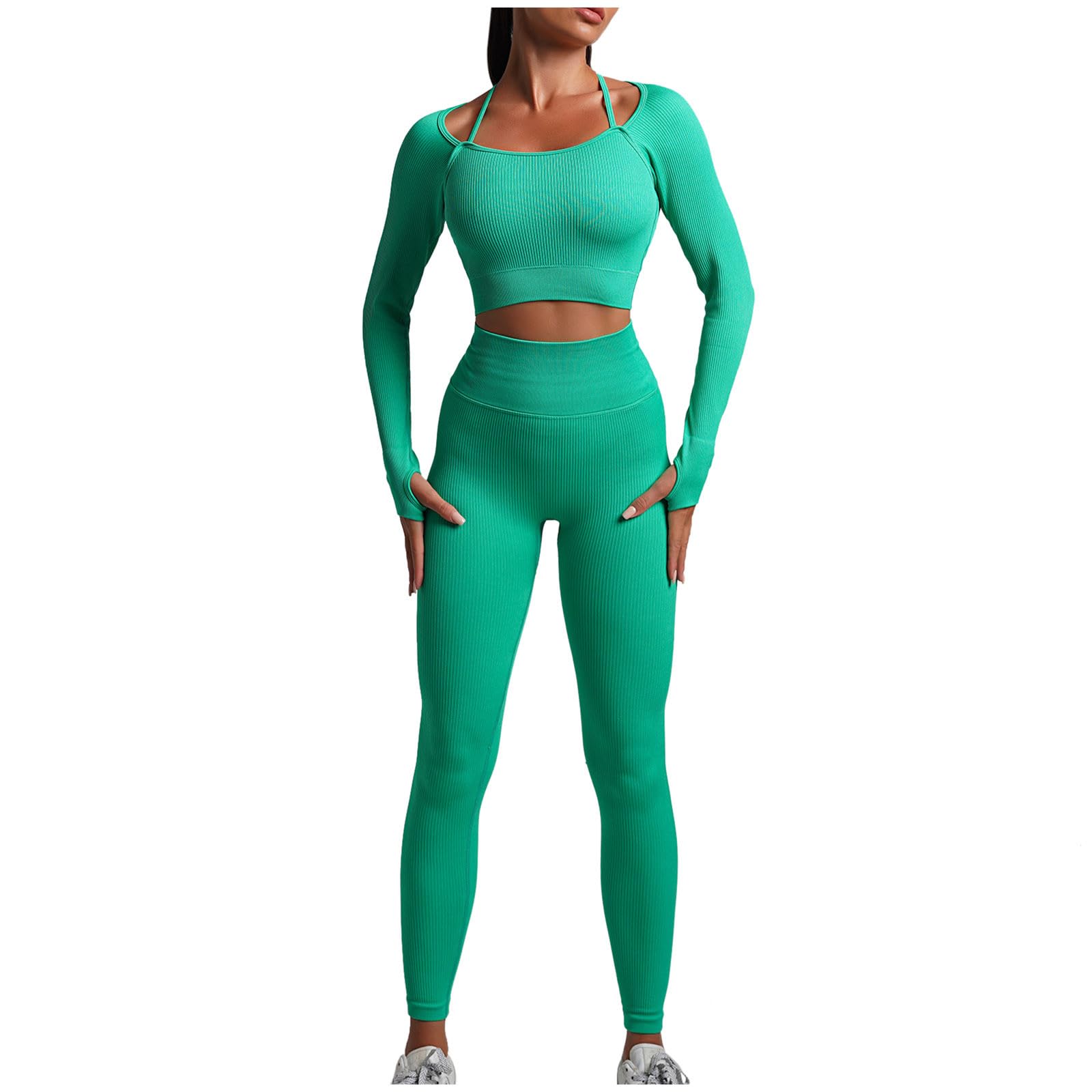 2024 Women's Yoga Sets - Solid Color Bodycon Long Sleeve Crop Top & High Waist Stretchy Leggings for Yoga, Pilates & Workout | Comfortable Gym Wear for Women