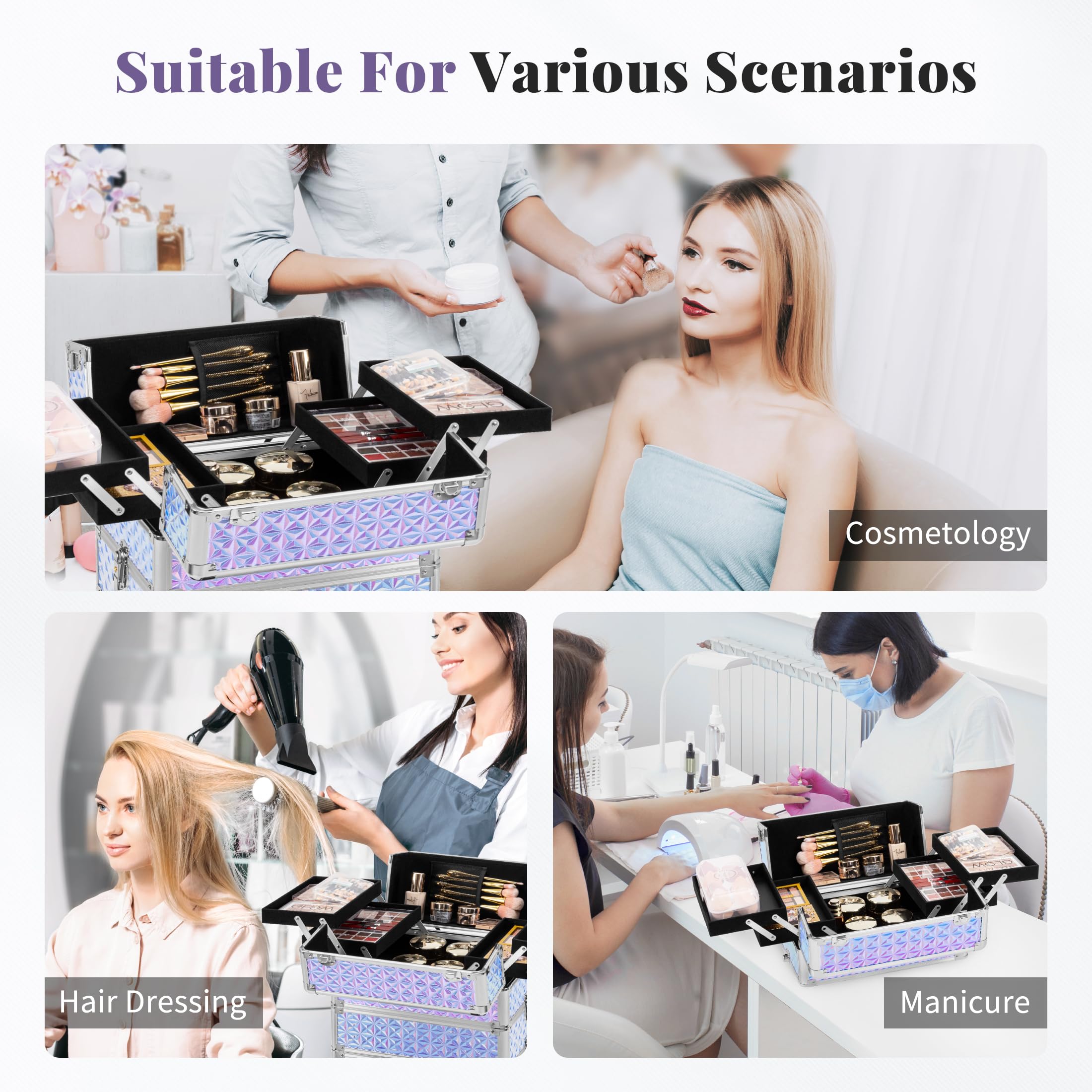 4 in 1 Rolling Makeup Case with Drawers - Multi-functional Cosmetic Trolley with Wheels & Lock - Large Storage Travel Cart for Nail Technicians, Makeup Artists & Hairstylists (Silver) - Perfect for Salon, Travel & Professional Makeup Organization