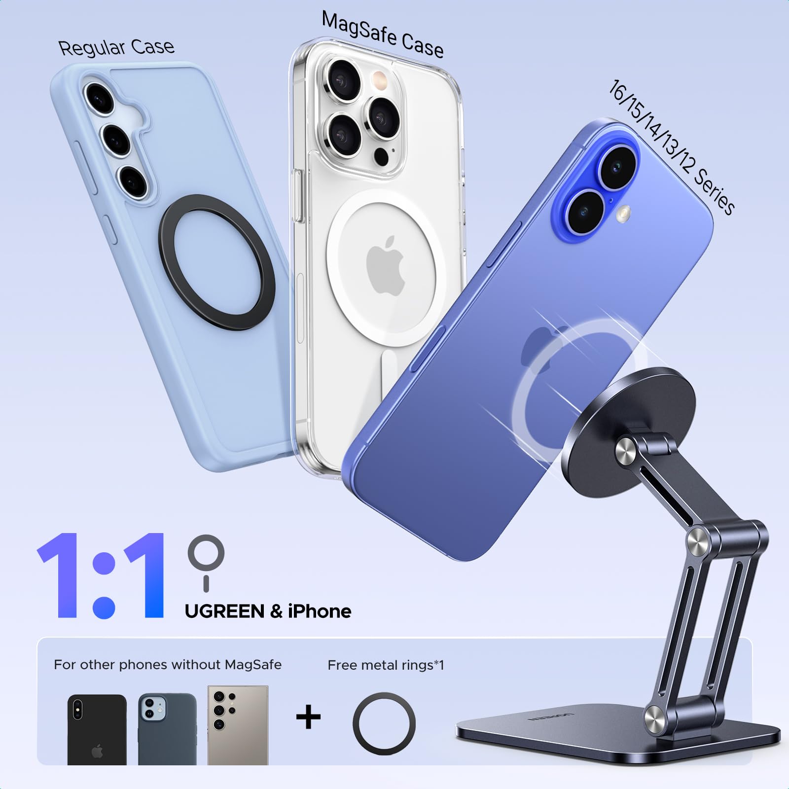 UGREEN Magnetic Phone Stand for iPhone 16/15/14 - Adjustable Magsafe Holder | Desk & Car Use
