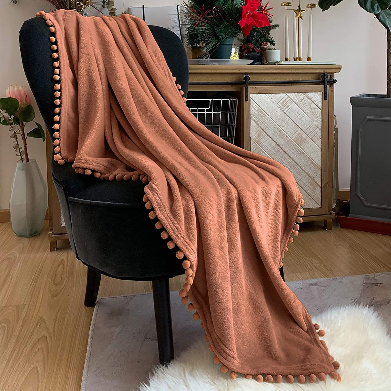 LOMAO Soft Flannel Blanket with Pompom Fringe - Lightweight Cozy Throw Blanket for Bed, Couch & Sofa - All Season Warm Fleece Blanket (Caramel, 60