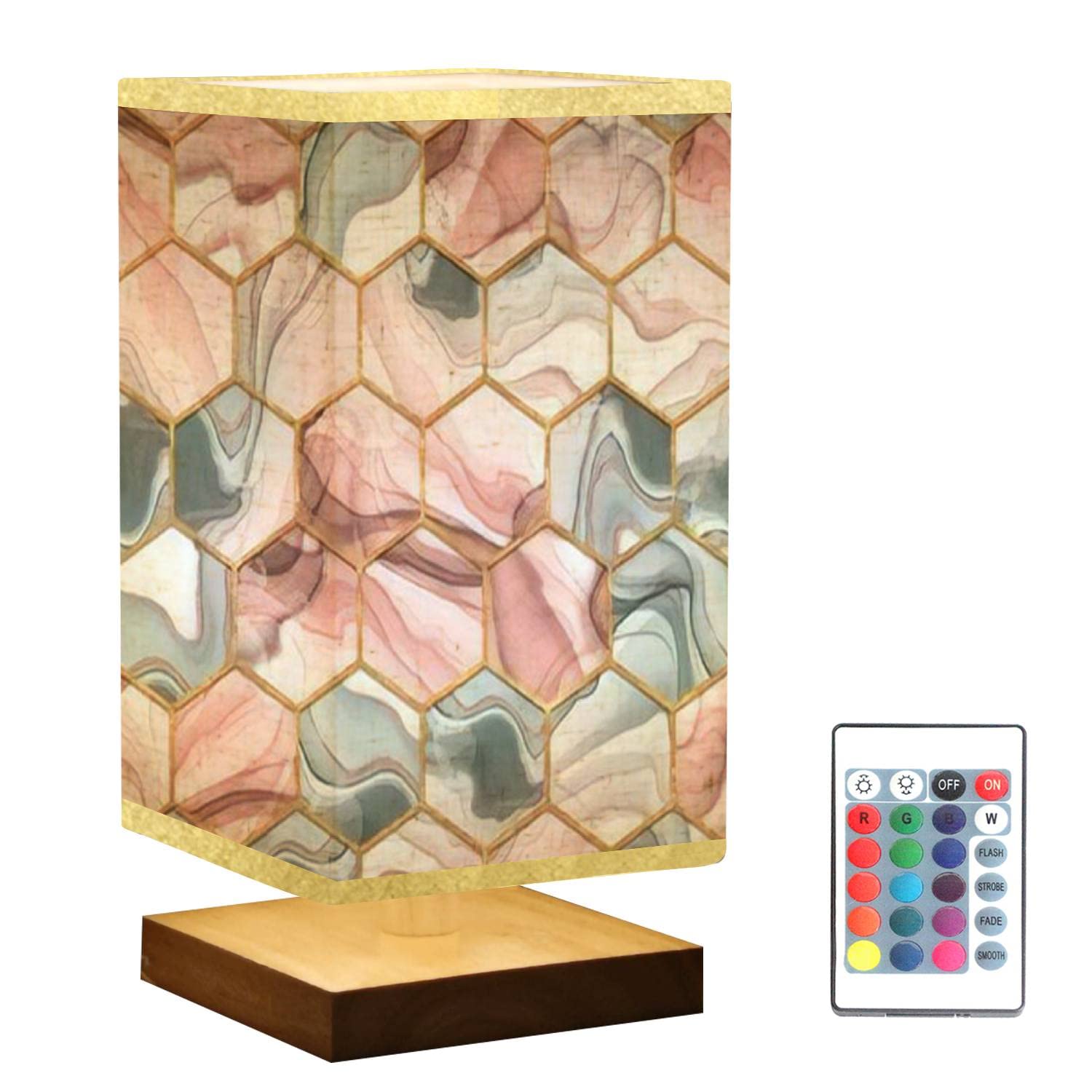 Hexagon Seamless Texture Abstract Gray & Red Dimmable Nightstand Lamp - Trendy Wooden Base with Flaxen Fabric Shade for Bedroom, Living Room, Office - Perfect for Reading, Relaxing & Ambient Lighting