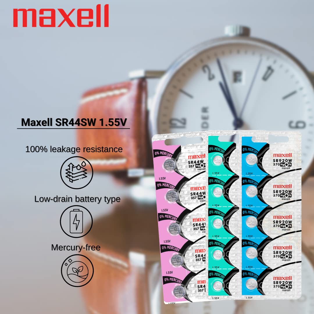 Maxell 357 SR44W Silver Oxide Button Cell Batteries (5-Pack) - Long-Lasting Power for Watches, Calculators, and Medical Devices