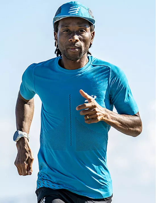 Compressport Men's Running Shirt - Breathable Performance Short Sleeve T-Shirt for Marathon & Training - Mosaic Blue/Magnet - Ideal for Road Racing, Gym Workouts & Outdoor Sports