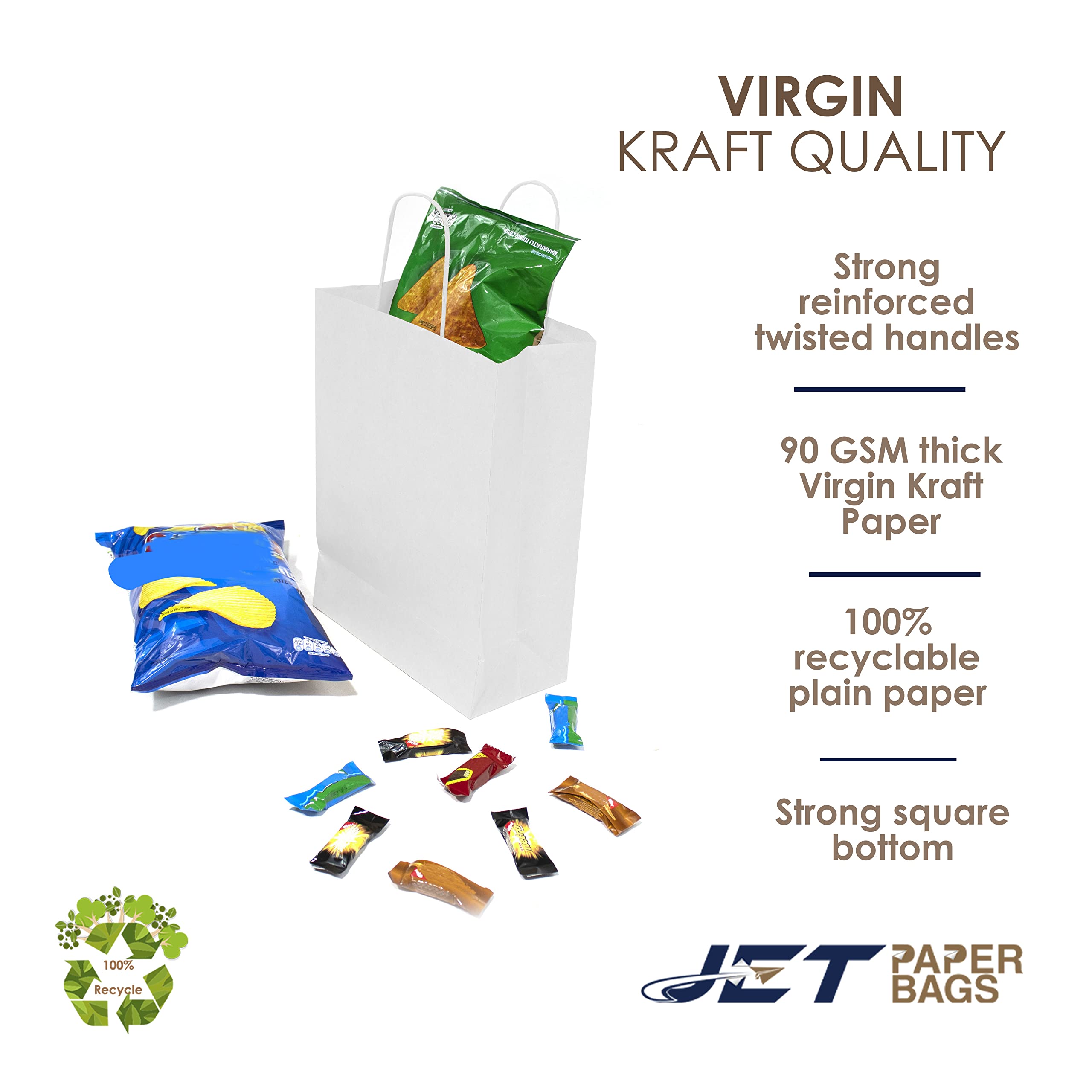 JET PAPER BAGS 13x7x17 Inches (250 Count) - White Kraft Paper Bags with Twisted Handles for Retail, Grocery, Party Favors & Gift Packaging | Eco-Friendly Recyclable Shopping Bags for Takeout, Wedding Favors & Craft Projects