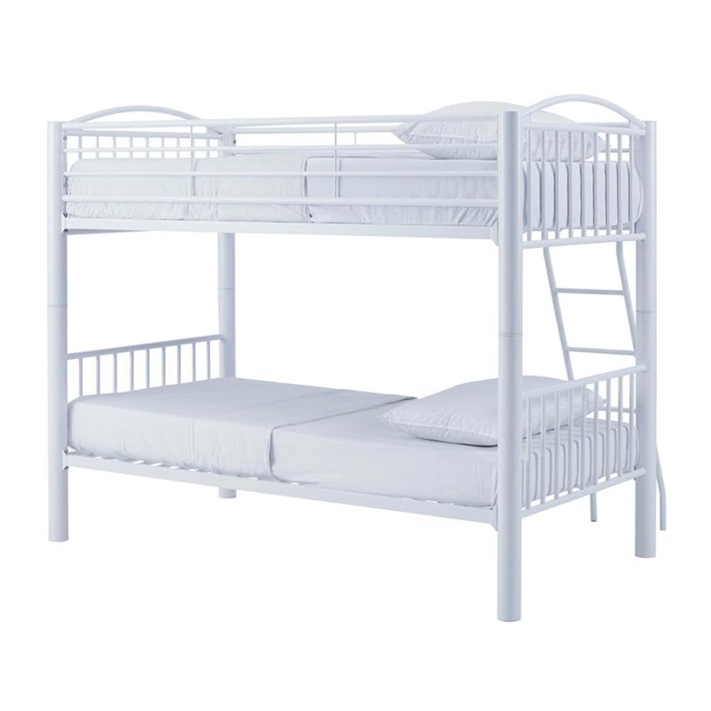 Powell Furniture Linon Heavy Duty Metal Twin Bunk Bed in White - Space-Saving Kids Bedroom Furniture for Siblings or Sleepovers