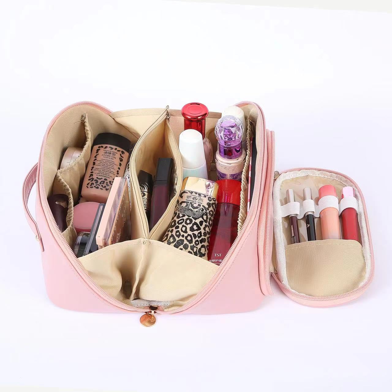 Leather Makeup Pouch Bag - Wide Opening Cosmetic Organizer for Travel & Toiletry