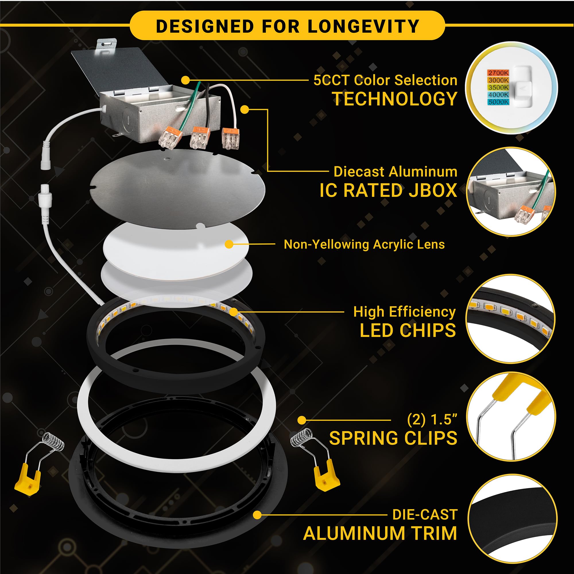 NUWATT 6 Inch Black Gimbal LED Recessed Lighting - 5CCT Adjustable Dimmable Wafer Lights (2700K-5000K) - 1050LM, 12W Canless Downlight for Sloped Ceiling - 6 Pack - Perfect for Living Room, Kitchen & Bedroom Lighting