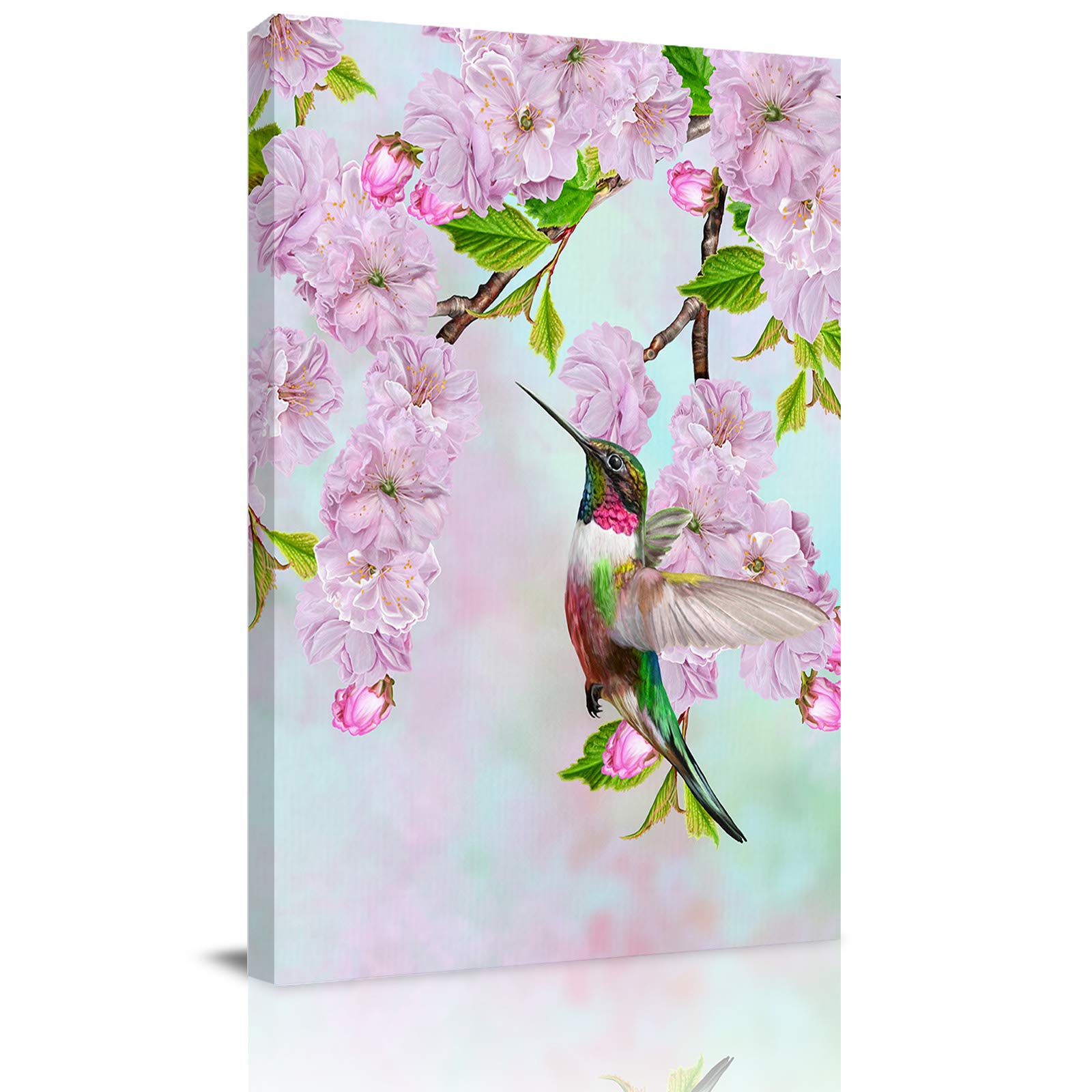 Spring Cherry Blossom Hummingbird Canvas Wall Art - Framed Abstract Nature Painting Print for Home Decor (24x36 Inches) - Perfect for Bedroom, Bathroom, Kitchen & Office - Ready to Hang Gift Idea