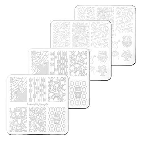 EXCLUZO 4pc Halloween Nail Art Stamping Plates Set - DIY Manicure Tools for Nail Stamping, Halloween Party Nail Designs - Perfect for Costume Parties, Trick or Treat, and Spooky Nail Art