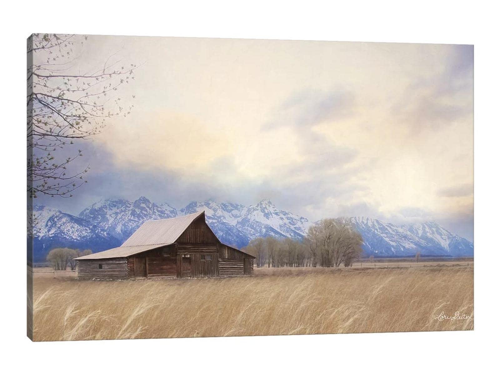 TIMUBA Rustic Barn Canvas Wall Art - Vintage Country Farmhouse Decor with Snowy Mountains Picture - 28x40 Inch Painting for Living Room, Bedroom & Office Wall Decoration - Perfect for Home, Cabin & Ranch Style Interiors