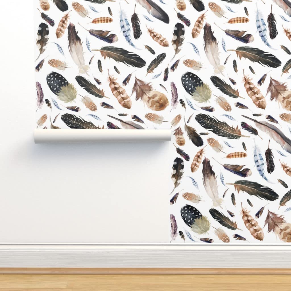 Removable Wallpaper 6ft x 2ft - White Boho Feathers Design for Nursery, Kids Room & Western Decor | Pre-Pasted Peel & Stick Wallpaper by Spoonflower | Perfect for Baby Girl & Boy Bedrooms, DIY Home Decor