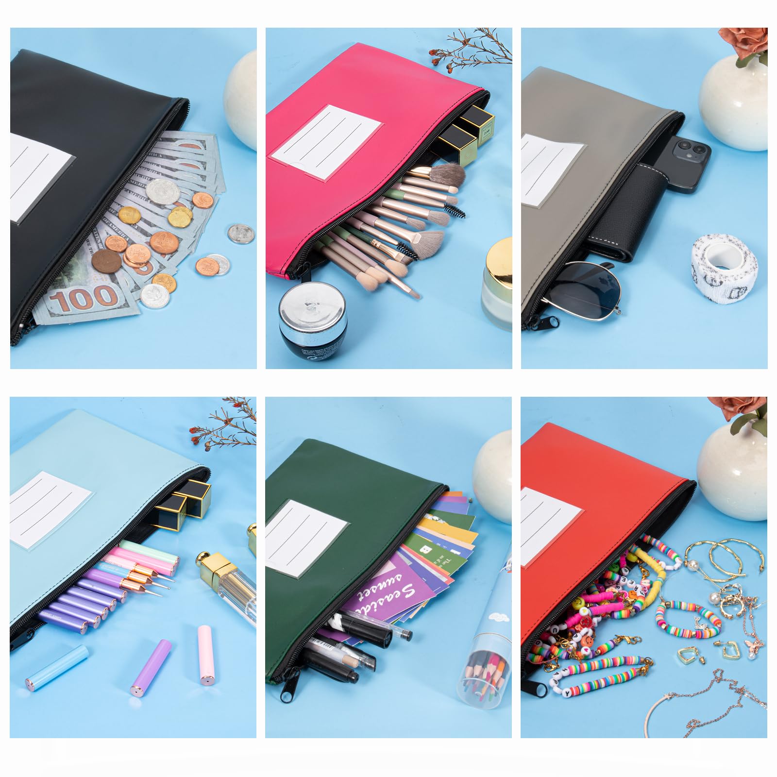 7-Pack Zippered Money Bags for Cash & Bank Deposits - 11.2x6.3 Inch Secure Money Pouches with 14 Cards (7 Colors) - Ideal for Small Businesses, Retail Stores & Cash Handling
