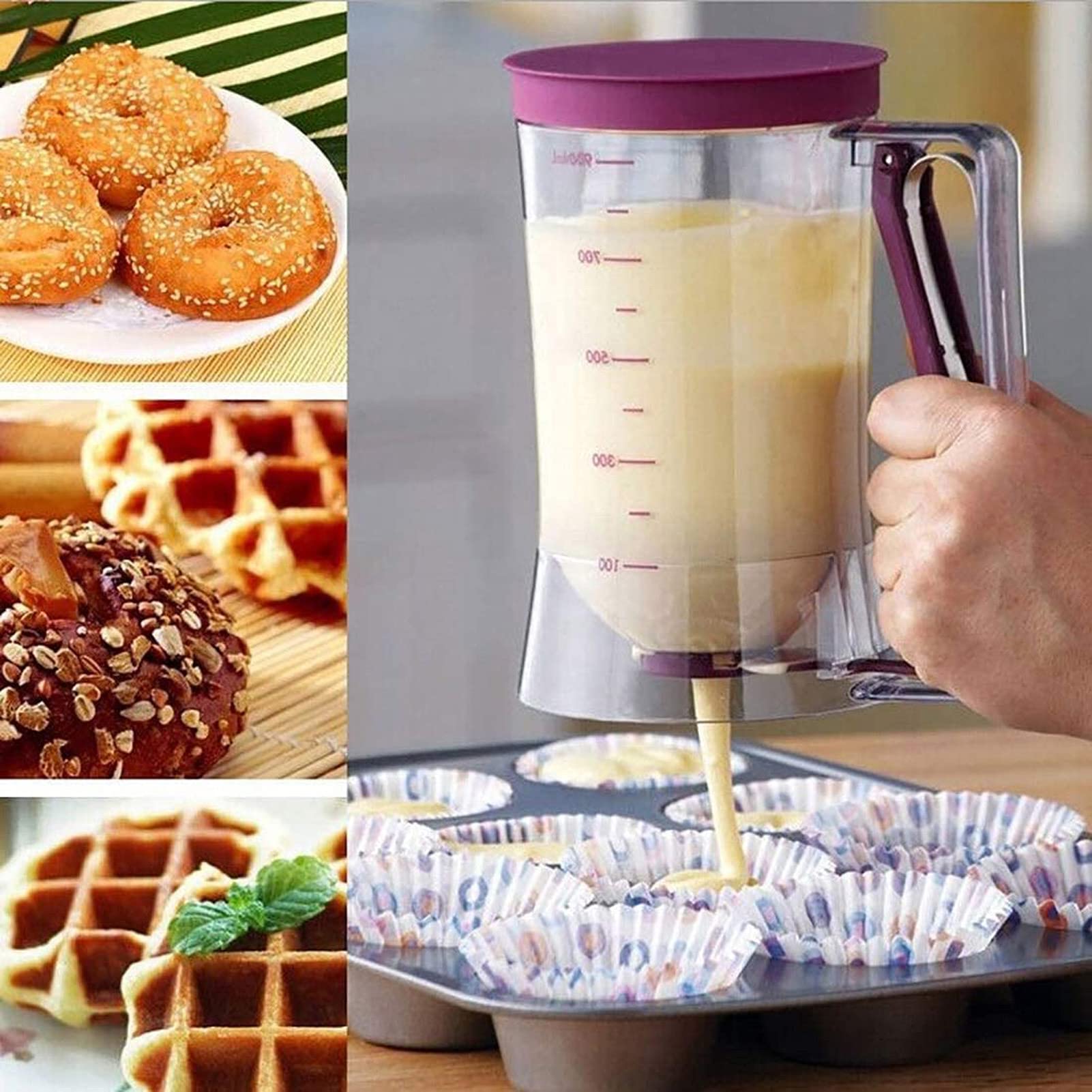 900mL Pancake Batter Dispenser with Measuring Marks - Squeeze Handle & Silicone Brush for Perfect Pancakes, Cupcakes, Crepes, Cakes - Ideal for Breakfast, Baking, and Party Food Preparation