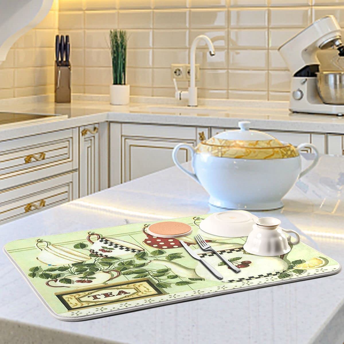 Lemon Cherry Leaf Microfiber Dish Drying Mat - 16x18 Inch Absorbent Reversible Kitchen Tea Cup Pot Drain Pad | Perfect for Countertop Protection & Dish Rack Organization