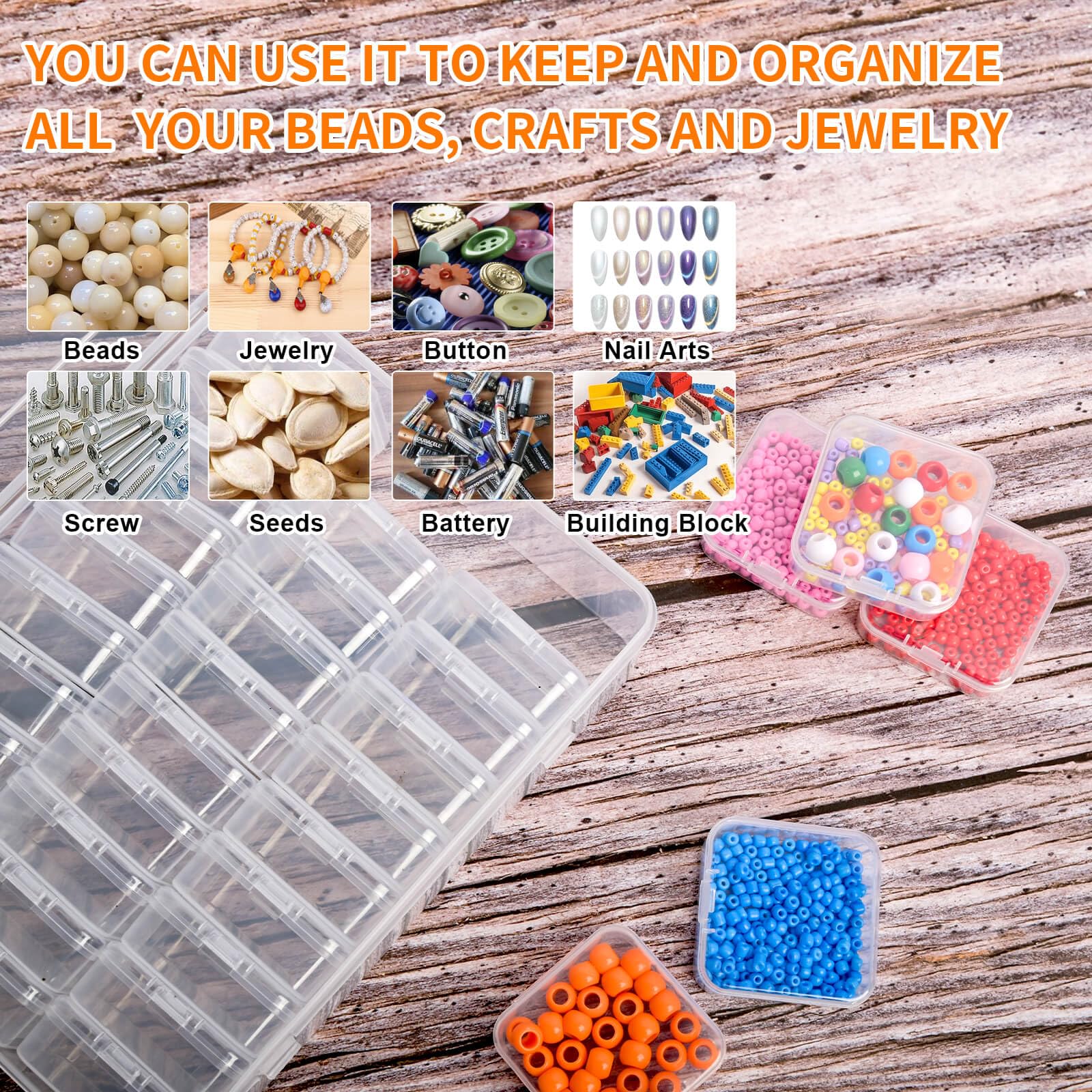 90-Piece Small Clear Plastic Bead Organizer Box with Hinged Lid & Labels - Craft Storage Containers for Jewelry, Bracelets, Diamonds, Clay Beads, Screws, Seeds & Small Parts - Perfect for DIY Crafts, Home Organization & Workshop Storage