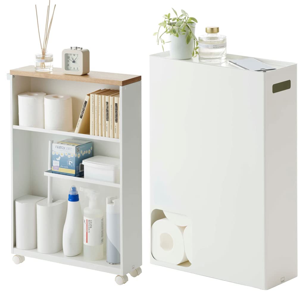 Yamazaki Home Tower Slim Rolling Bathroom Cart with Handle - White Toilet Paper Storage Organizer & Dispenser - Space-Saving Bathroom Storage Solution for Small Spaces - Perfect for Bathroom, Kitchen, or Office Organization