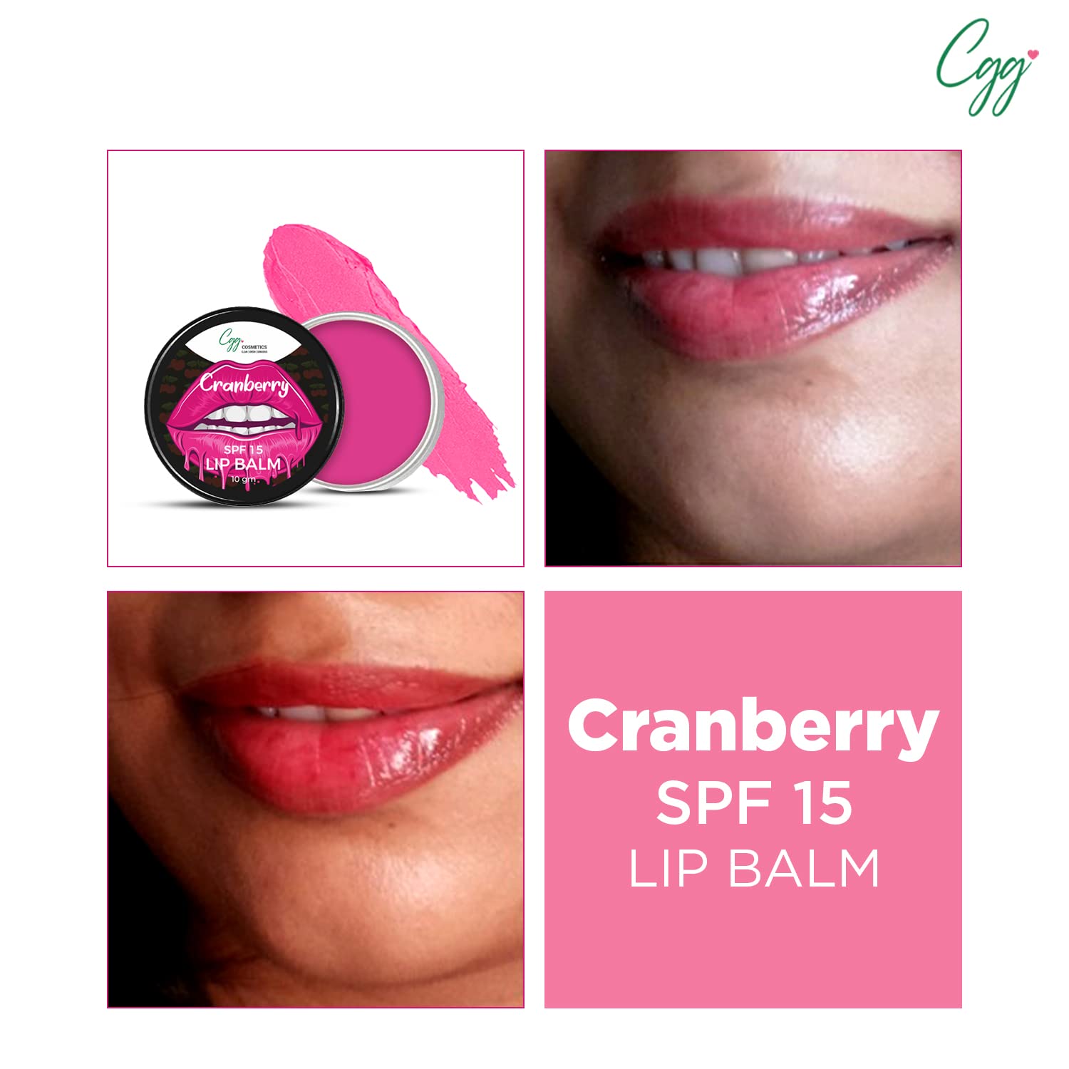 CGG Cosmetics Cranberry Lip Balm with SPF 15 - Moisturizing & Nourishing for Soft Pink Lips | Vitamin C+E Formula | Lightens Dark Lips & Reduces Pigmentation | 10g Tinted Lip Care | Perfect for Daily Sun Protection & Natural Lip Enhancement