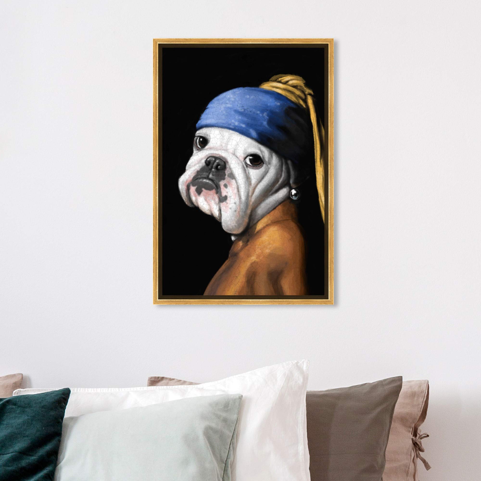 Classic & Figurative Framed Wall Art Canvas Print - 'Carson Kressley Dog with The Pearl Earring' Painting - Home Decor for Living Room, Bedroom & Office