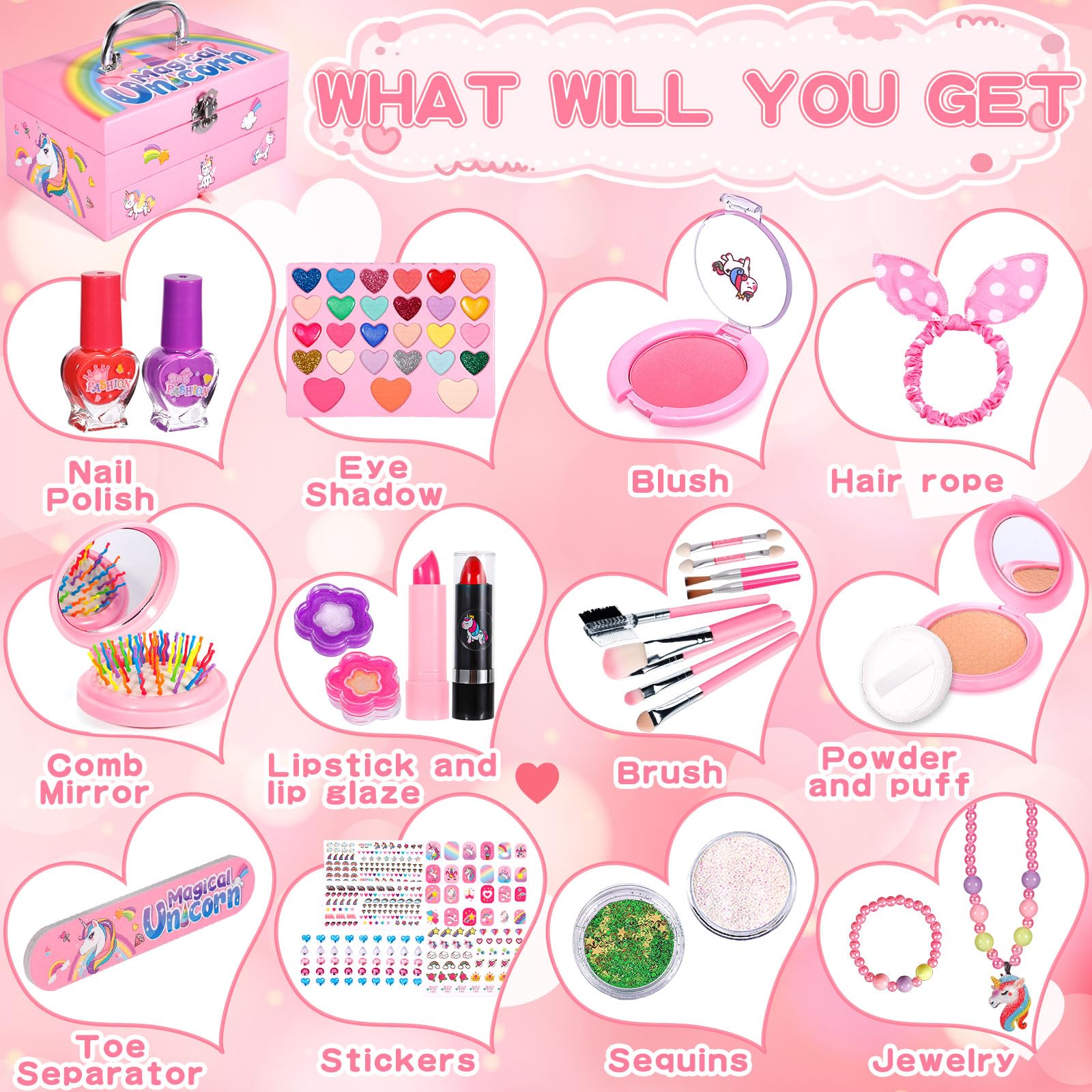 MUOIVG Kids Makeup Kit - 59pcs Washable, Non-Toxic Princess Gift for Girls 5-10 Years - Perfect for Birthday & Dress-Up Play