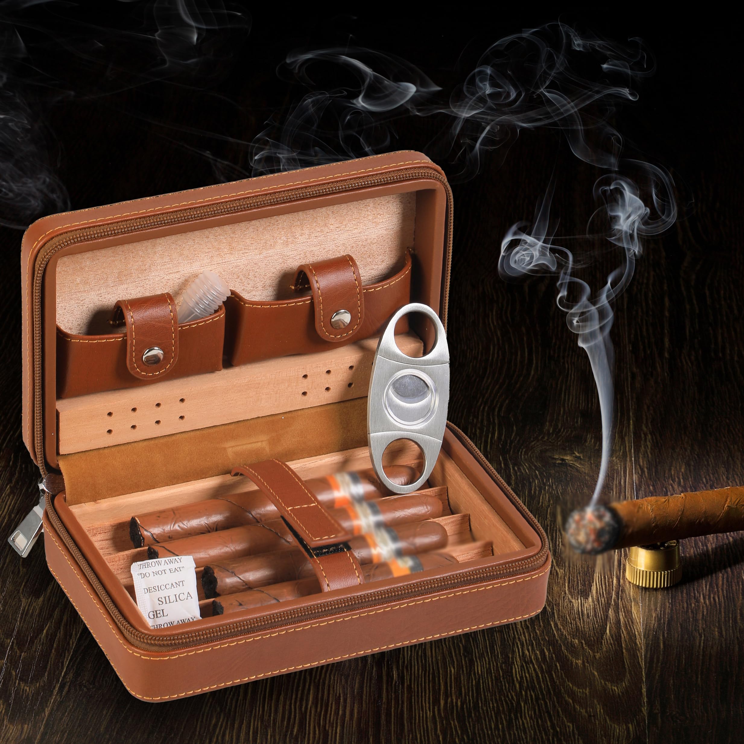Premium 4 Finger Portable Travel Leather Cigar Case with Built-in Cutter & Humidifier - Perfect Humidor for Groomsmen, Birthday & Father's Day Gifts - Ideal for Travel, Business Trips & Outdoor Smoking
