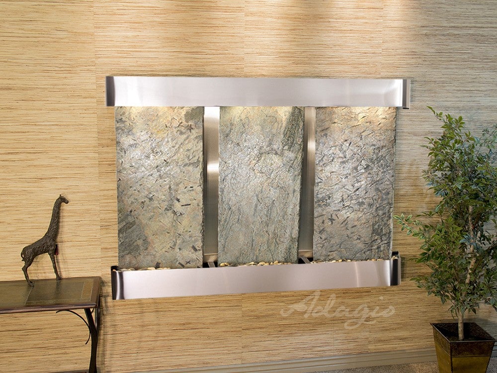 Adagio Olympus Falls Round Stainless Steel Green Natural Slate Tabletop Fountain OFR2002 - Indoor Zen Water Feature for Home, Office & Garden Decor