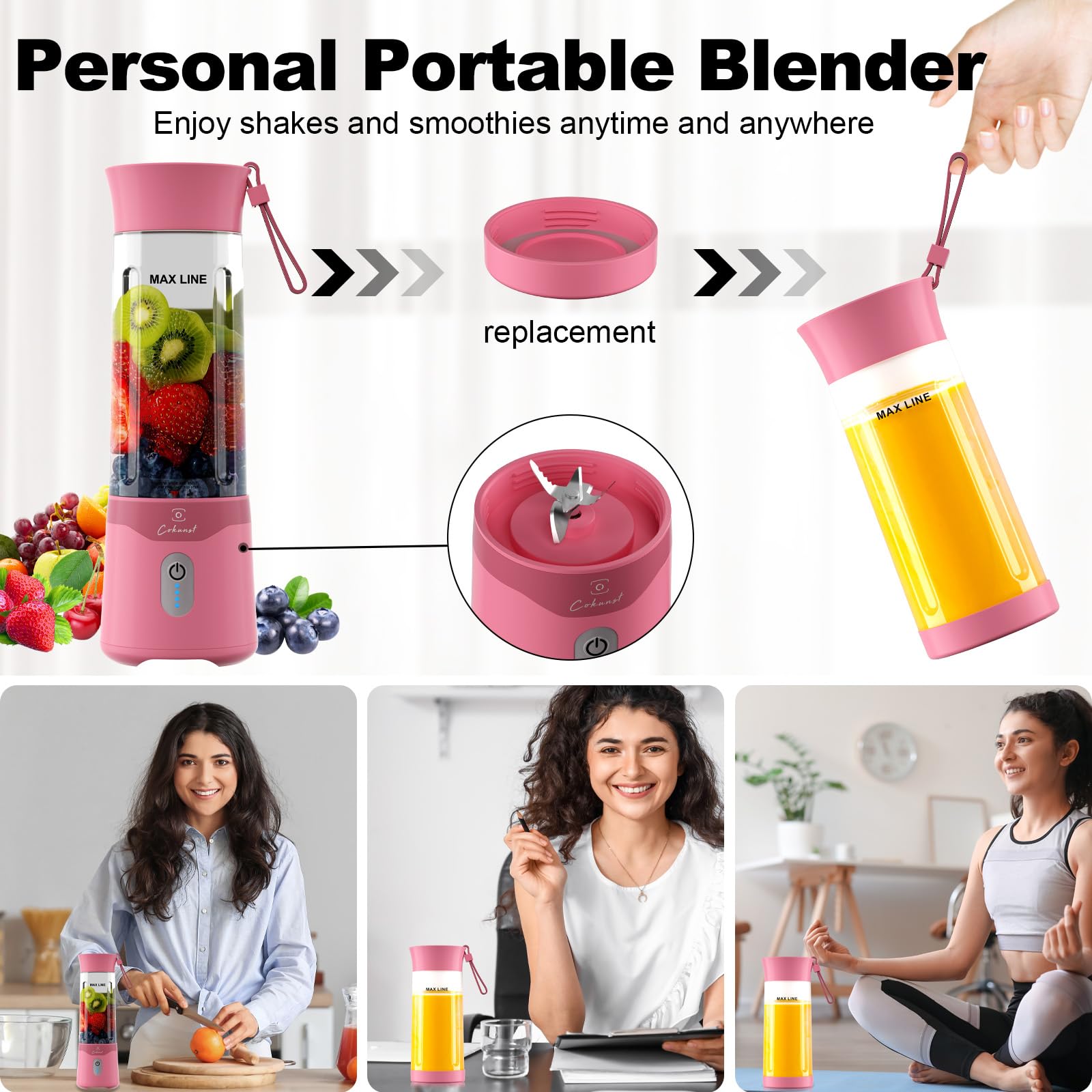 COKUNST 18oz Portable Blender - USB Rechargeable Personal Smoothie Maker with 6 Stainless Steel Blades for Protein Shakes, Juices & Healthy Drinks - Compact Travel Blender with Handle Lid - Perfect for Gym, Office, Hiking & Outdoor Activities - Pink