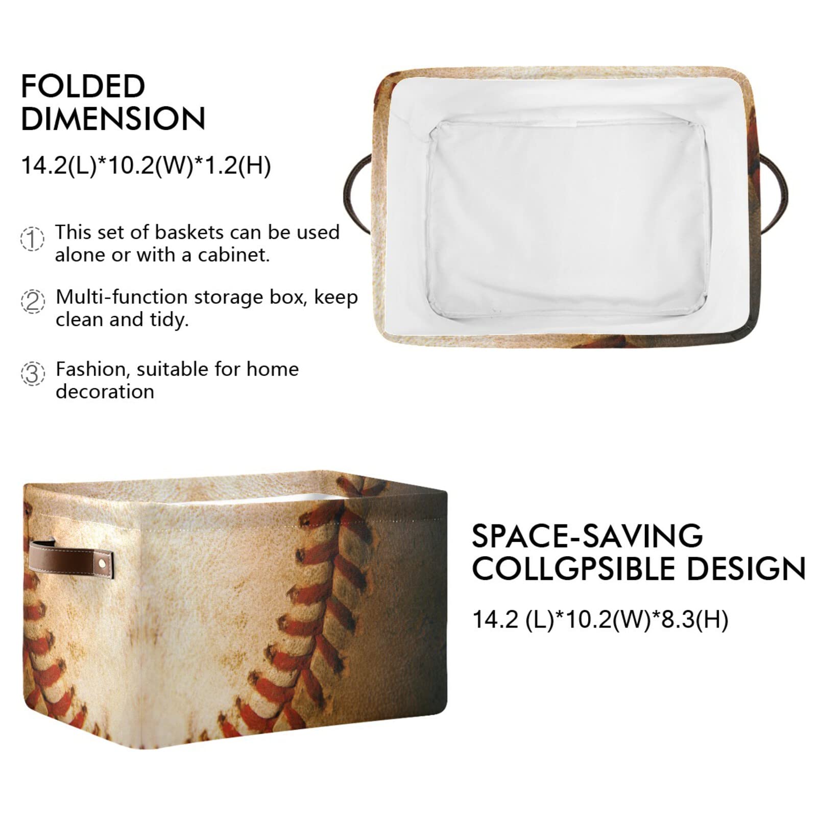 Collapsible Rectangular Storage Basket with Leather Handles - Foldable Organizer Bin for Baseball Gear, Office Supplies & Home Shelves | Perfect for Sports Equipment Storage & Clutter Organization
