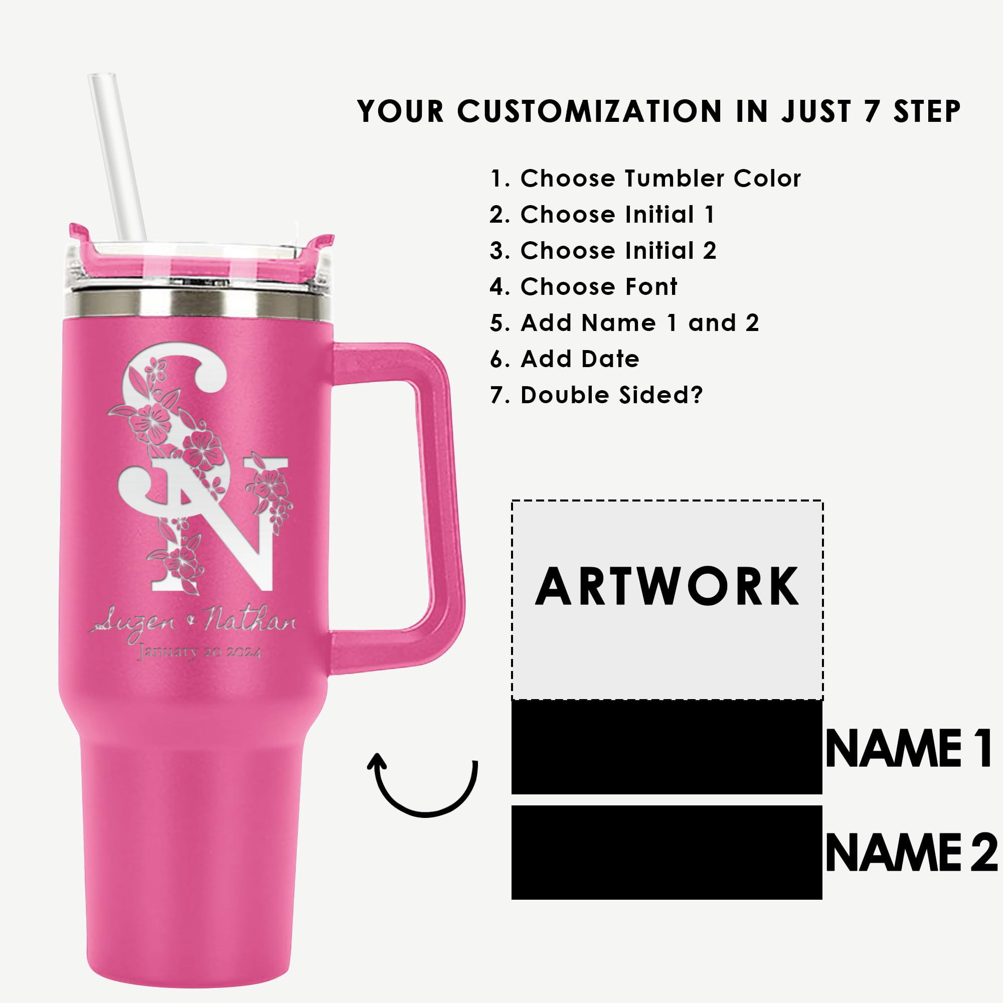 Personalized Floral Initial Split Monogram Tumbler 40 oz - Laser Engraved Insulated Cup with Handle, Lid & Straw - Valentine's Day, Birthday Gift for Her - Perfect for Coffee, Iced Tea & Daily Hydration