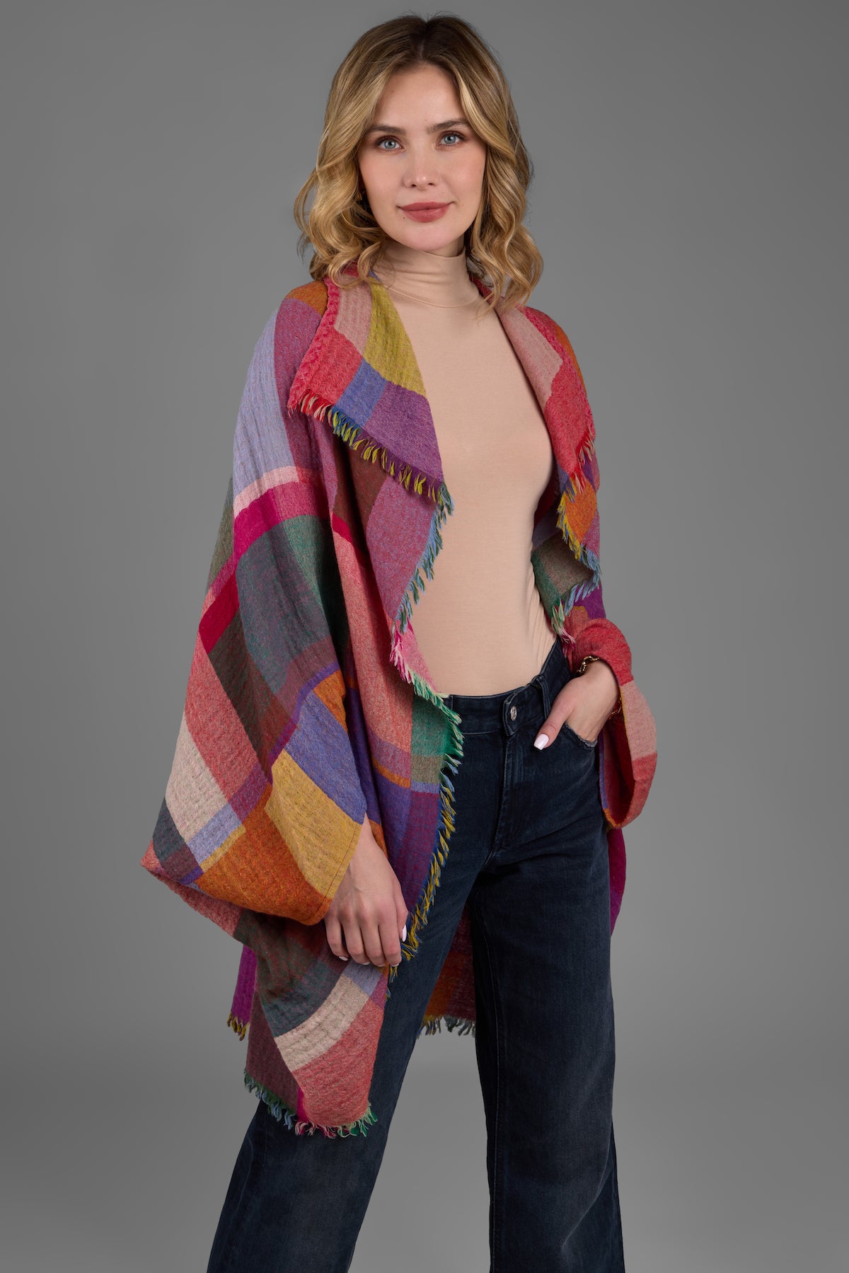Woolen Rainbow Color Grid Cocoon - Soft & Warm Winter Scarf for Women & Men - Perfect for Outdoor Activities, Travel & Cold Weather