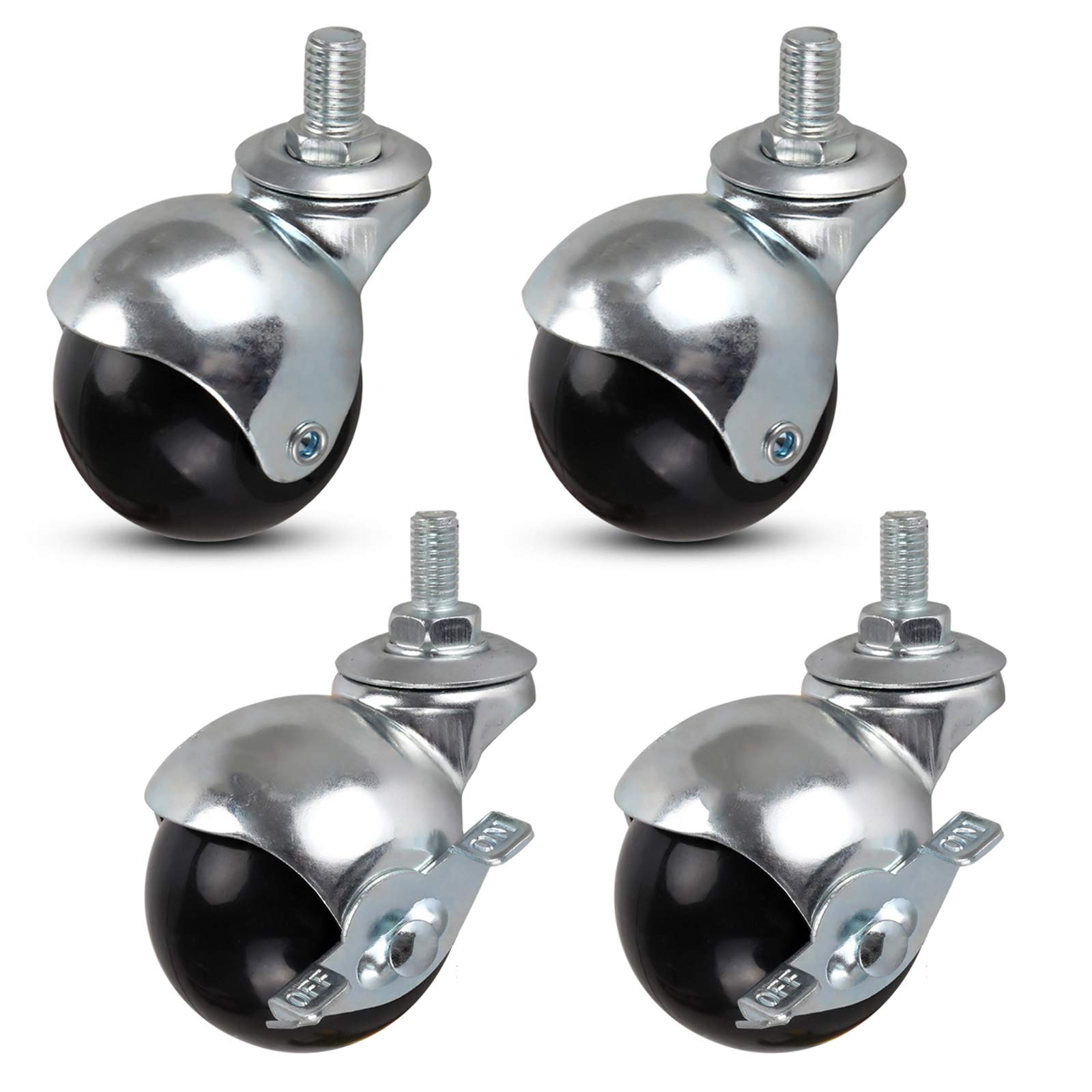 LUNEZY 2 Inch 50mm Nylon Swivel Caster Wheels with Ball Bearings - Heavy Duty Spherical Castors for Furniture, Sofa, Baby Stroller & Coffee Table - Threaded Stem M10x15mm (Set of 4 - Brake & Universal Wheels) | Perfect for Home Office, Workshop & Industrial Use