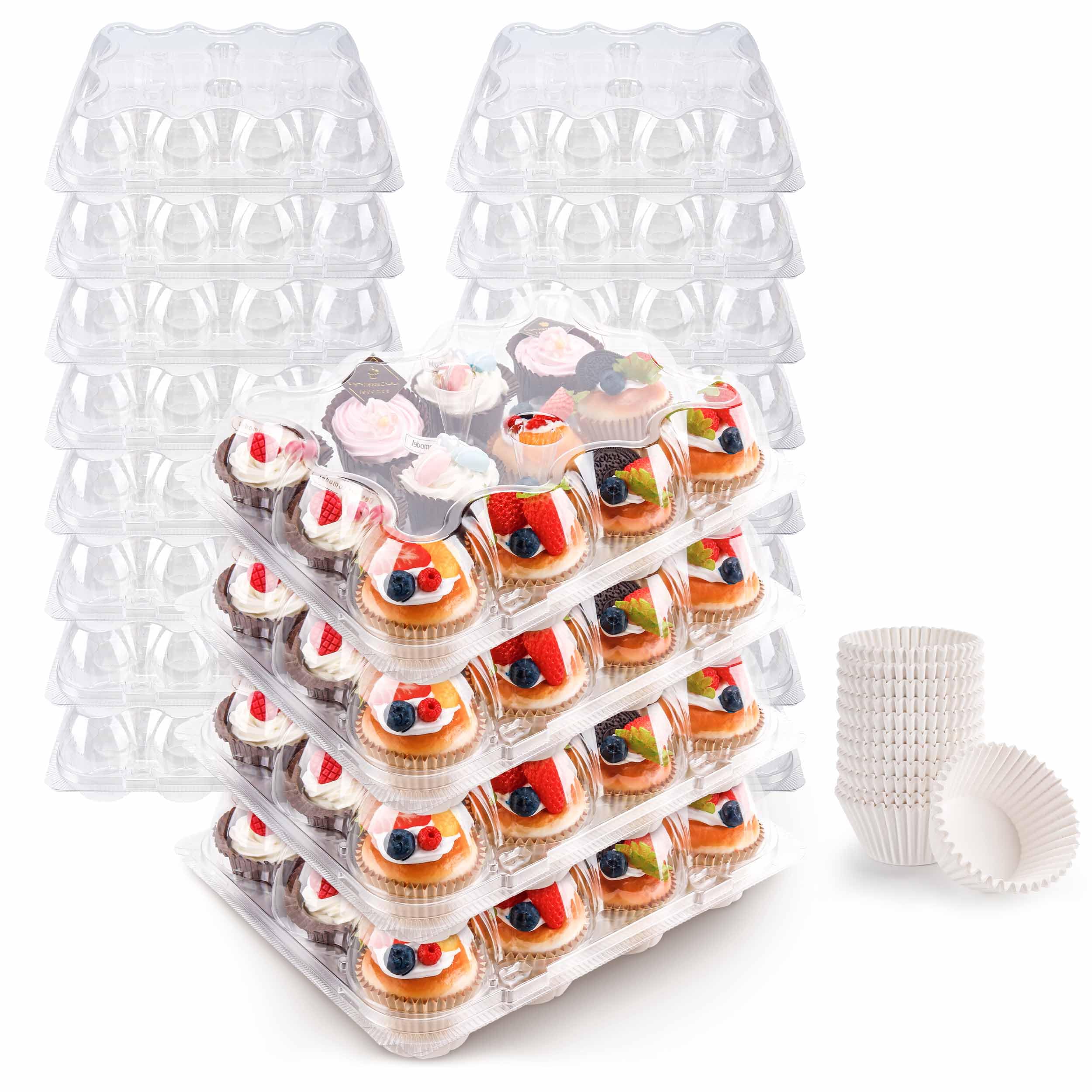 12-Pack Stackable Plastic Cupcake Containers with Tall Dome Lids - 240 BPA-Free Standard Size Cupcake Liners Included | Perfect for Birthday Parties, Wedding Desserts & Bakery Storage