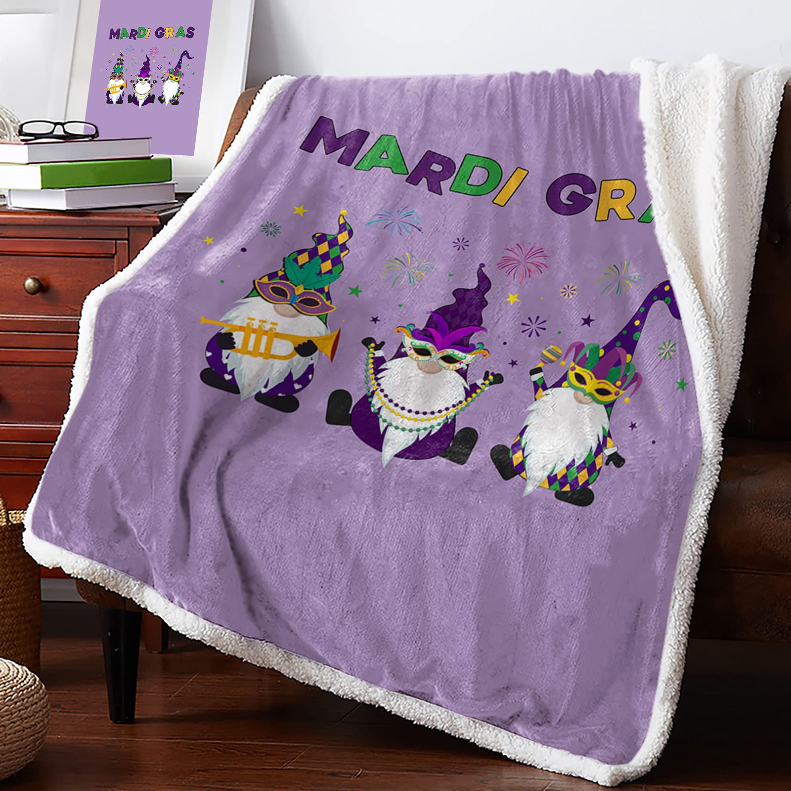 Aomike Sherpa Fleece Throw Blanket - Happy Carnival Gnomes Purple Pattern, Super Soft Fuzzy Flannel Plush Microfiber Blanket for Couch, Bed & Sofa (59x79 Inch) - Perfect for Winter Warmth, Home Decor & Gift Giving