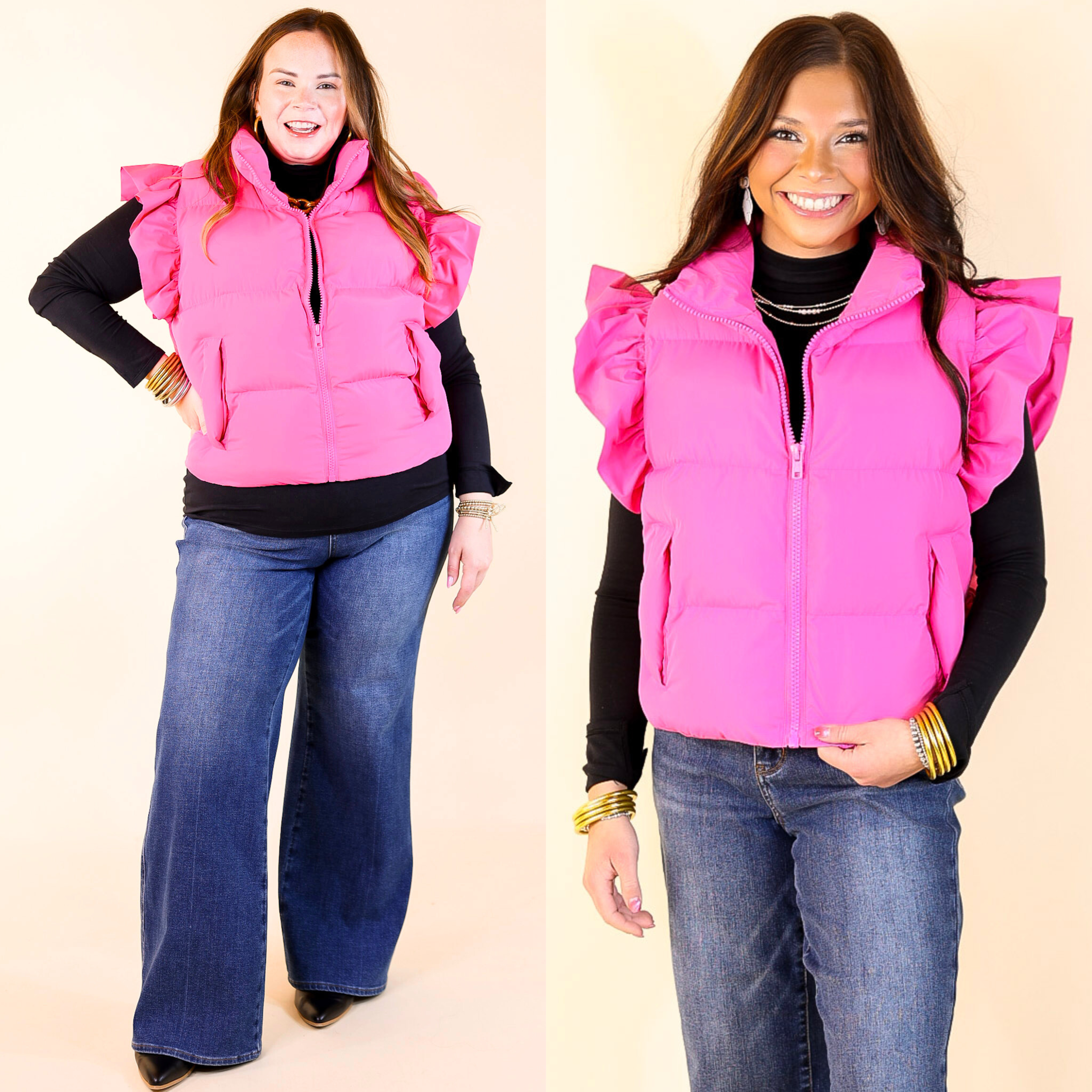 Stylish All-Season Ruffle Sleeve Puffer Vest in Hot Pink | Women's Fashion Outerwear for Fall, Winter & Spring | Perfect for Casual Outings, Office Wear & Outdoor Activities