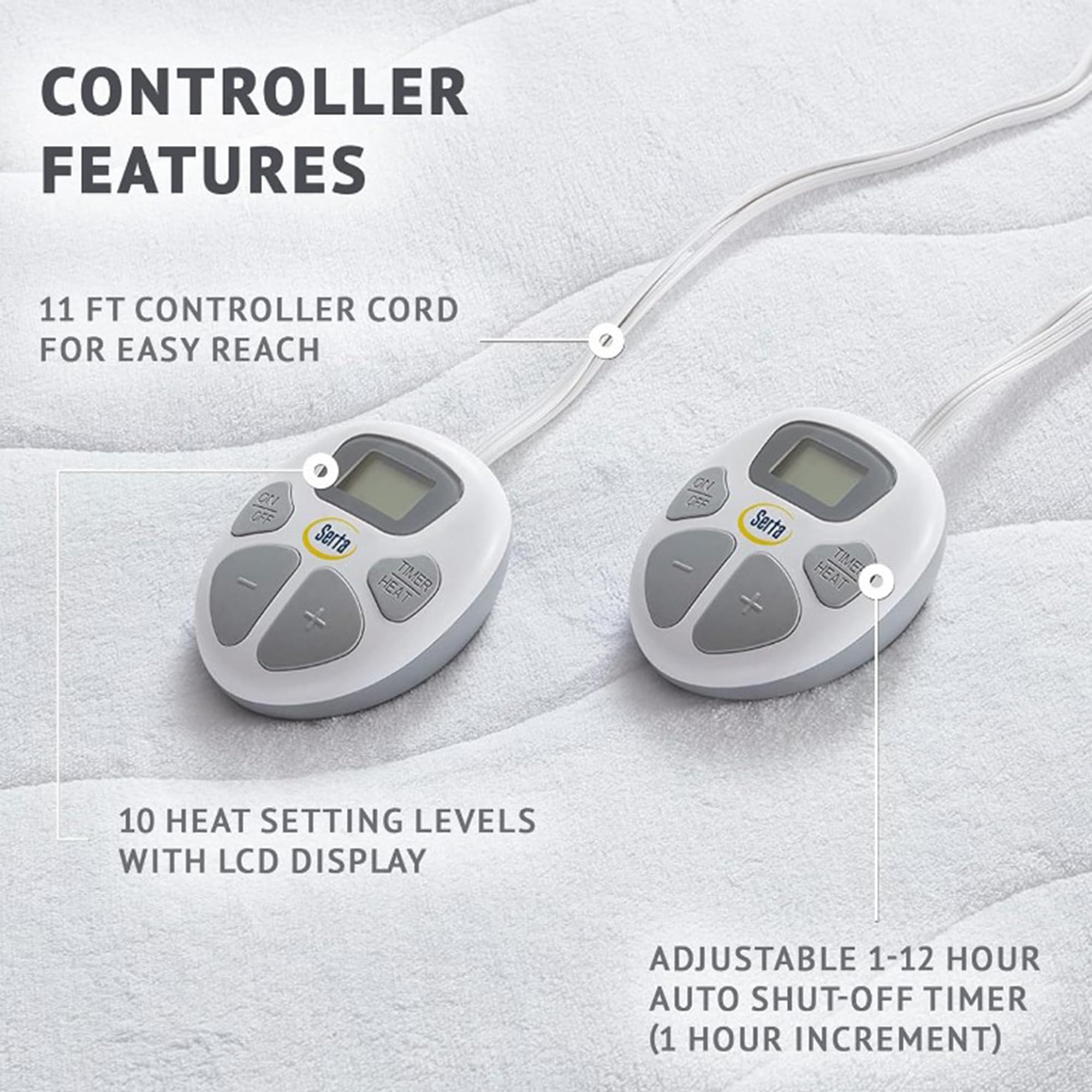 Serta Plush Heated Mattress Pad Queen Size - Electric Bed Warmer with Dual Controller & 10 Heat Settings | Auto Shut Off Timer | Machine Washable | ETL Certified | White | Perfect for Cold Winter Nights & Cozy Bedroom Comfort