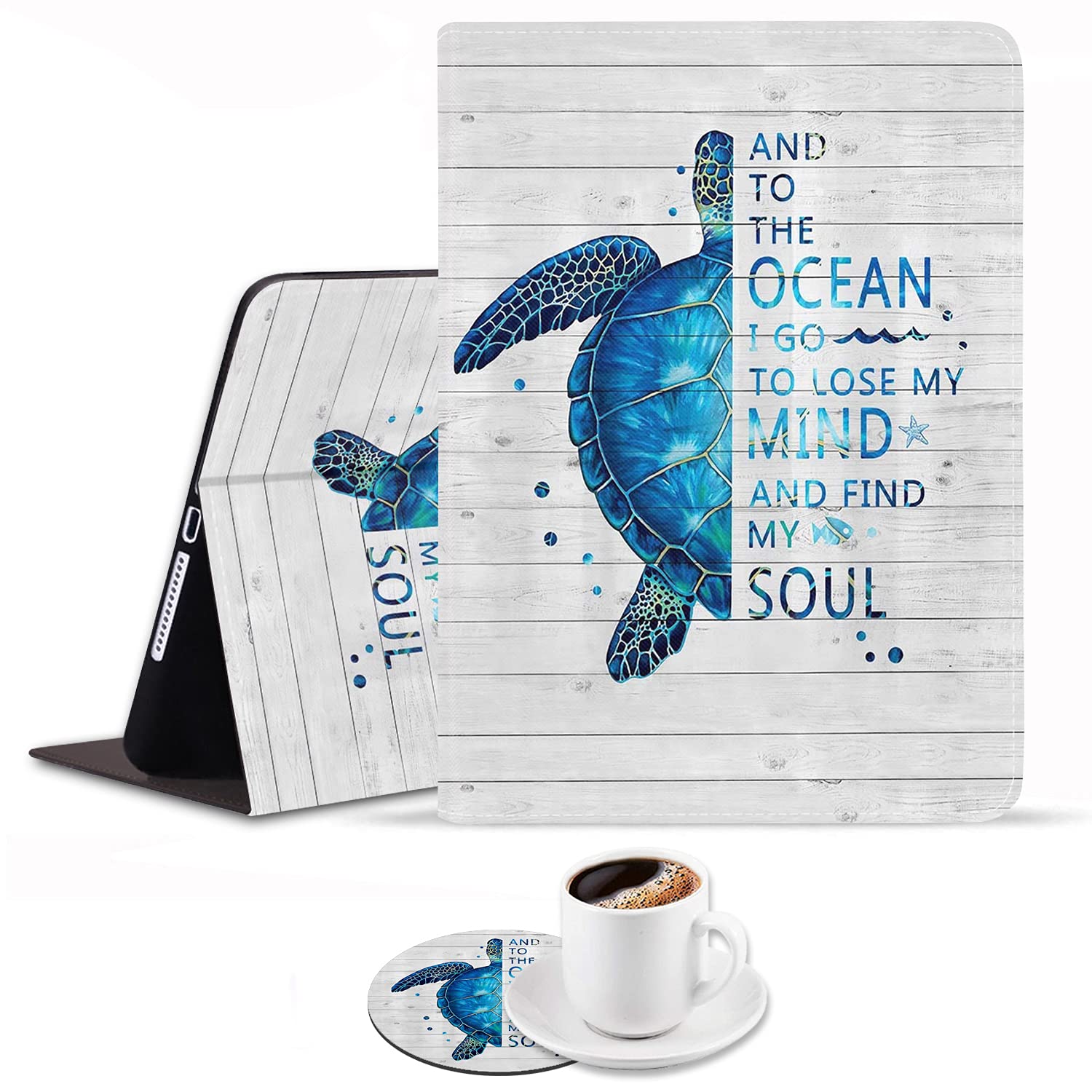 Premium Protective Case for iPad 9.7 (2017/2018), iPad Air 1/2 & iPad 6th/5th Gen - Auto Wake/Sleep Smart Cover with Adjustable Stand | Funny Rustic Wooden Design Featuring Blue Sea Turtle | Includes Bonus Coasters | Perfect for Work, Travel & Home Use