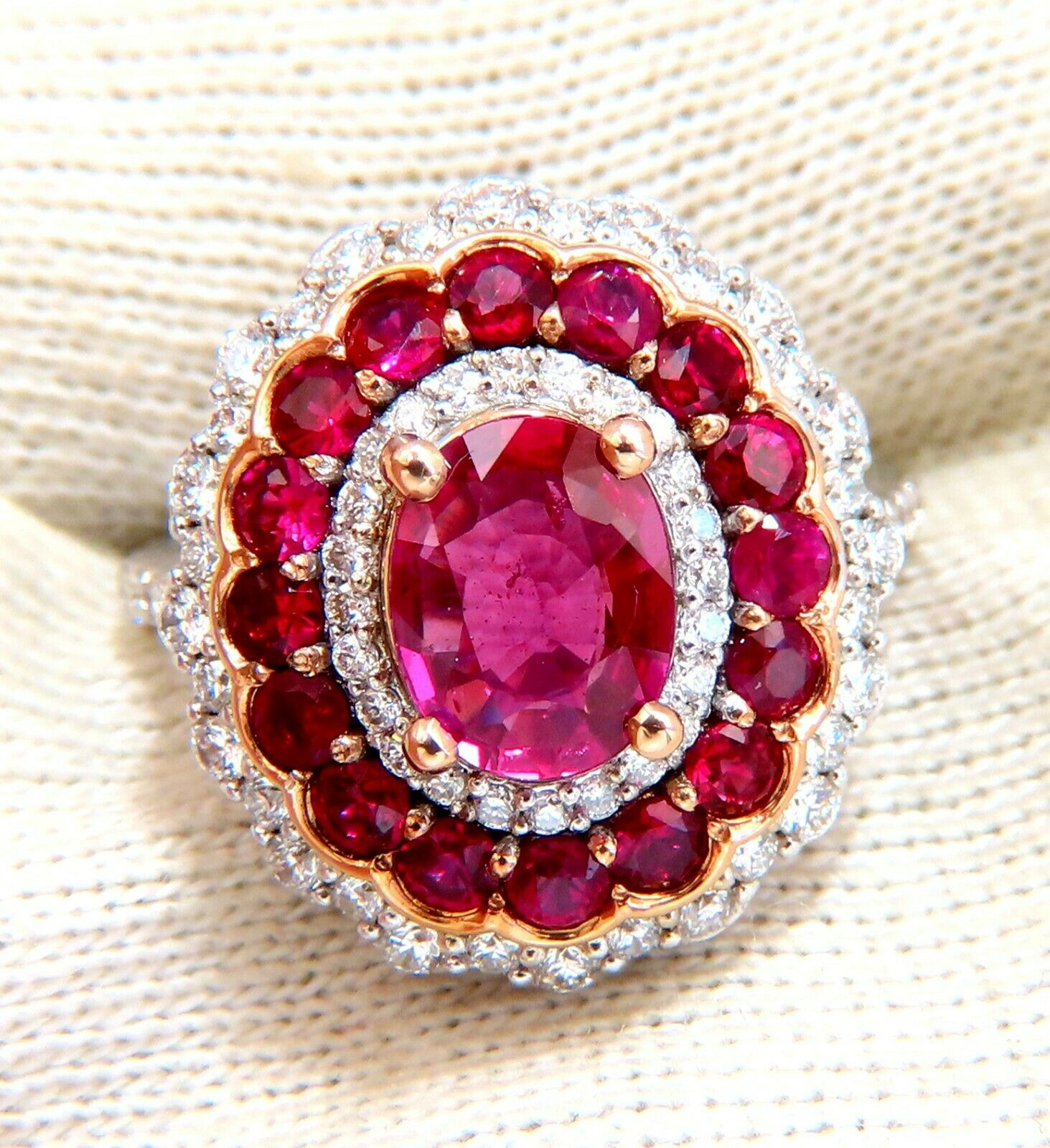 GIA Certified 4.06ct Oval Cut Natural Red No Heat Ruby Diamond Ballerina Ring in 14K Gold - Perfect for Engagement, Anniversary & Special Occasion Gifts