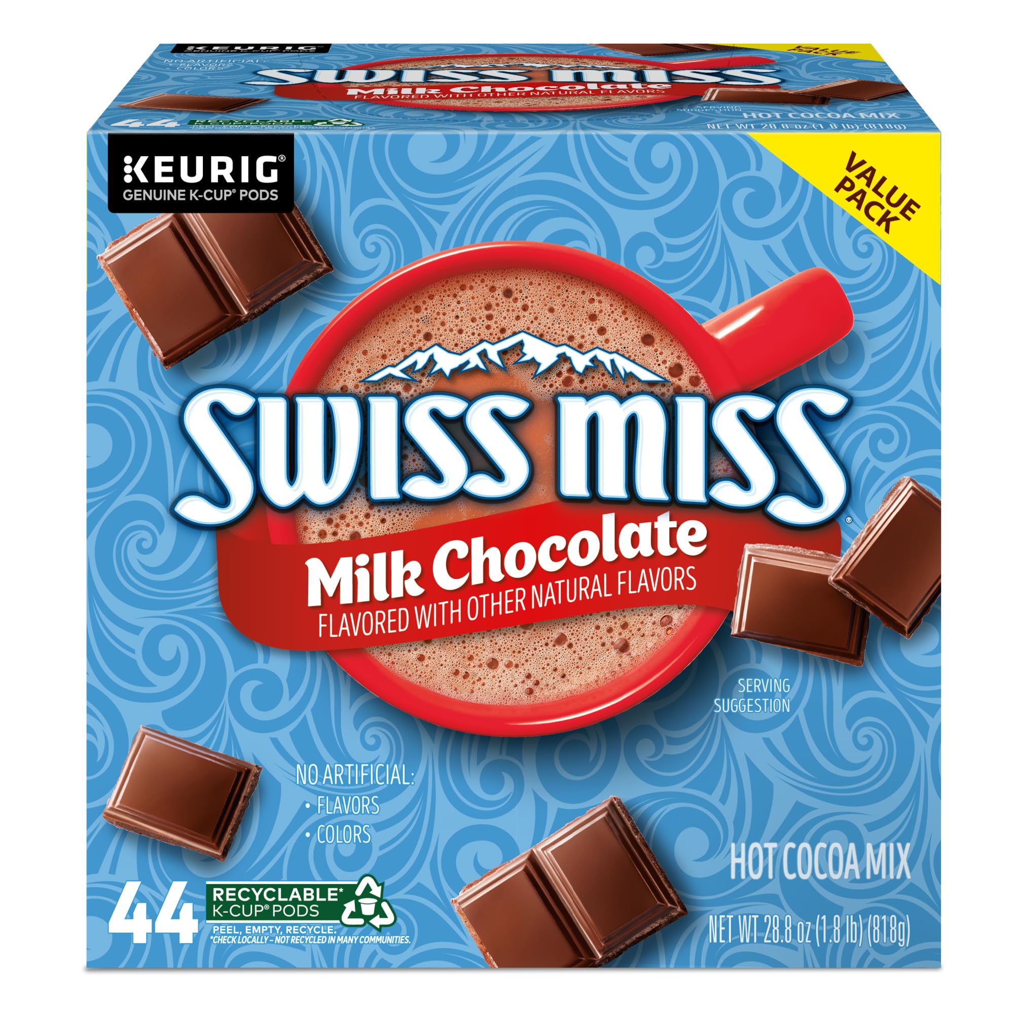 Swiss Miss Milk Chocolate Hot Cocoa K-Cup Pods for Keurig - 44 Count Single-Serve Pack - Perfect for Winter Warmth, Office Breaks & Cozy Nights