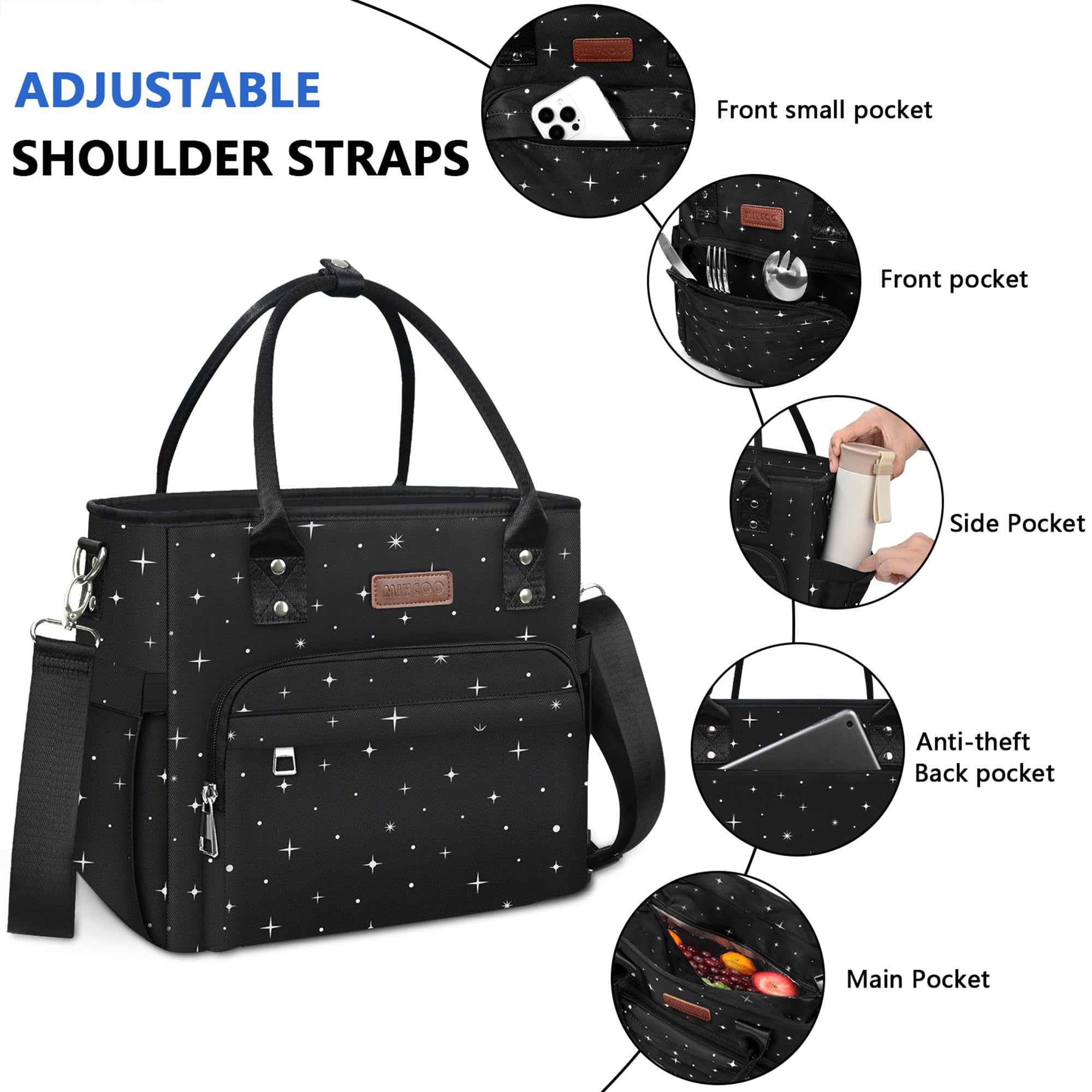 MIYCOO Insulated Lunch Bag for Women - Leakproof & Thermal Lunch Box Cooler Tote - Large Capacity Lunch Bag for Work, School, Picnic - Black Starry Sky Design