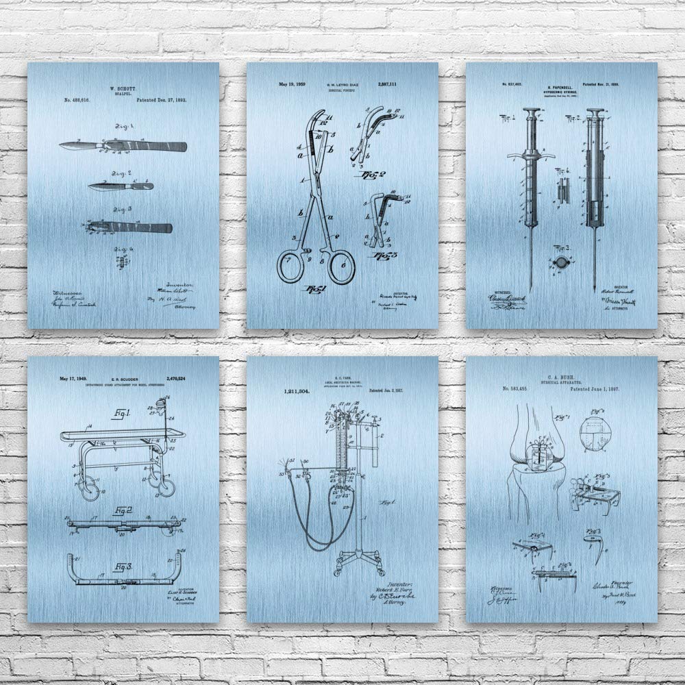 Premium Surgical Patent Posters Set of 6 - 24x36 Inch Blue Steel Medical Art Prints | Perfect Surgeon Gift, Doctor Office Decor & Nurse Appreciation Present | Ideal for Medical Schools, Hospitals & Healthcare Facilities