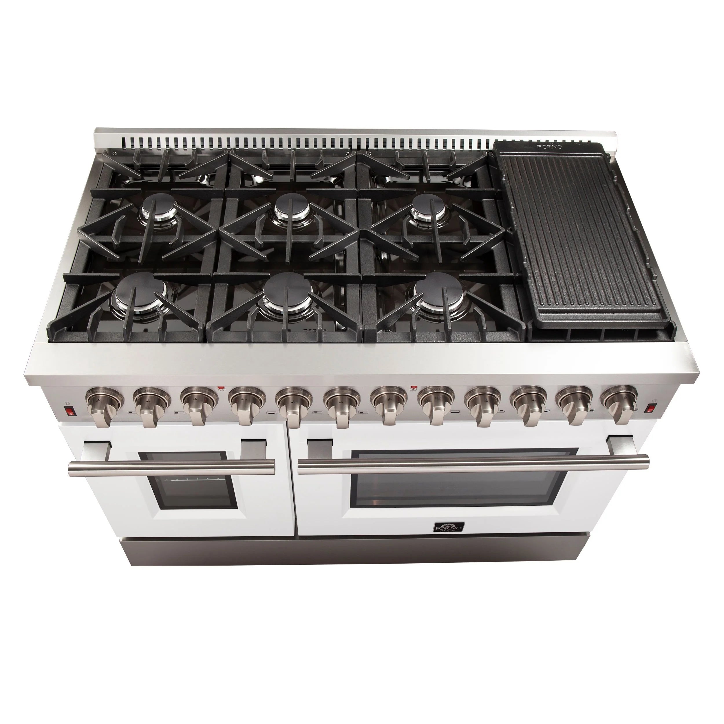 FORNO Galiano 48 Inch Dual Fuel Range with 6 Burners - Stainless Steel & White Finish (Model FFSGS6156 48WHT) - Perfect for Home Kitchens, Restaurants & Professional Chefs