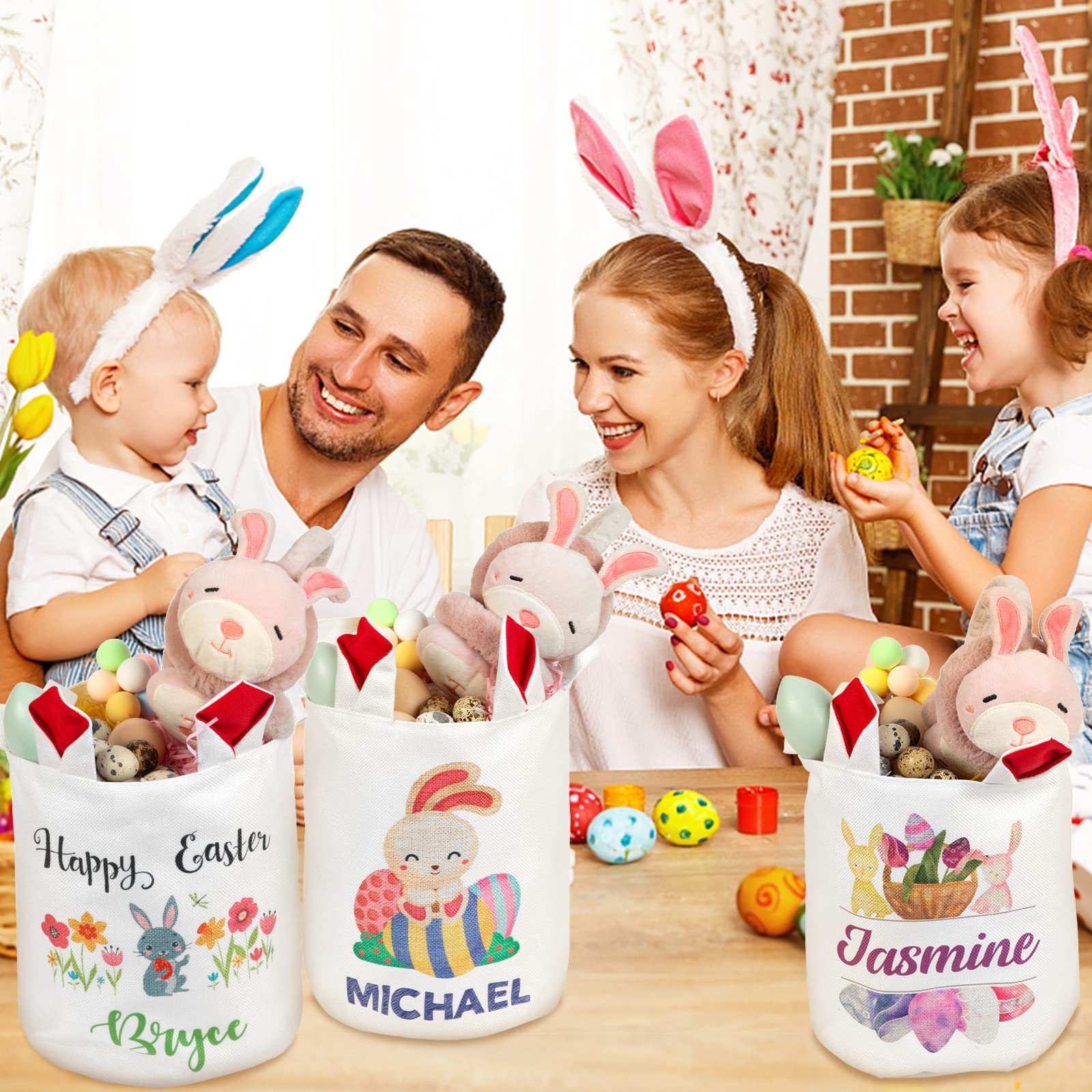 Personalized Easter Bunny Basket Bags with Custom Name - Cute Rabbit Print Candy Egg Buckets for Easter Gifts, Egg Hunts & Spring Decorations