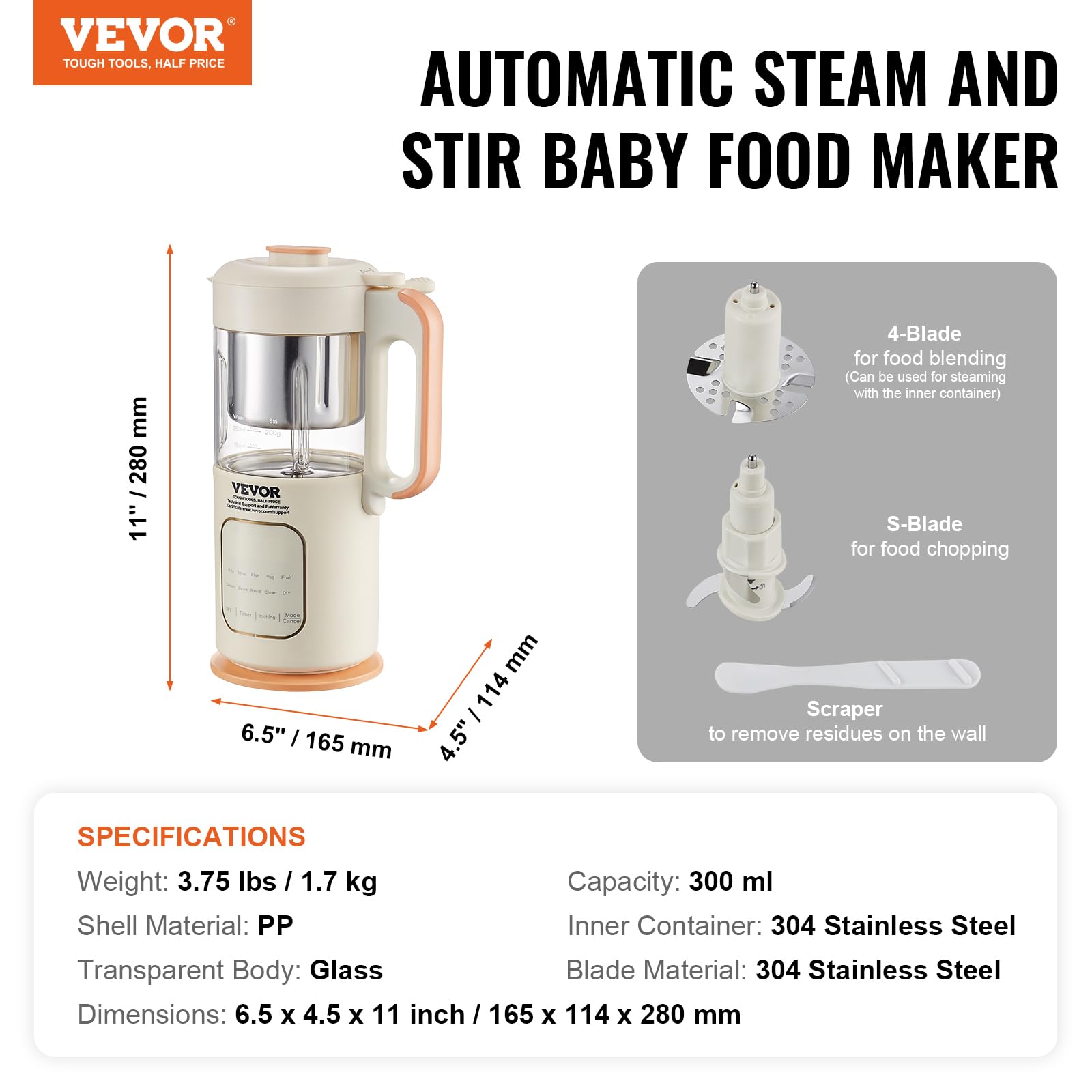 VEVOR 500W Baby Food Maker & Processor with 300ml Glass Bowl - 4-Blade Stainless Steel Puree Blender, Steamer & Grinder for Fruits, Vegetables & Meat | Perfect for Homemade Baby Food Prep & Healthy Toddler Meals | Beige
