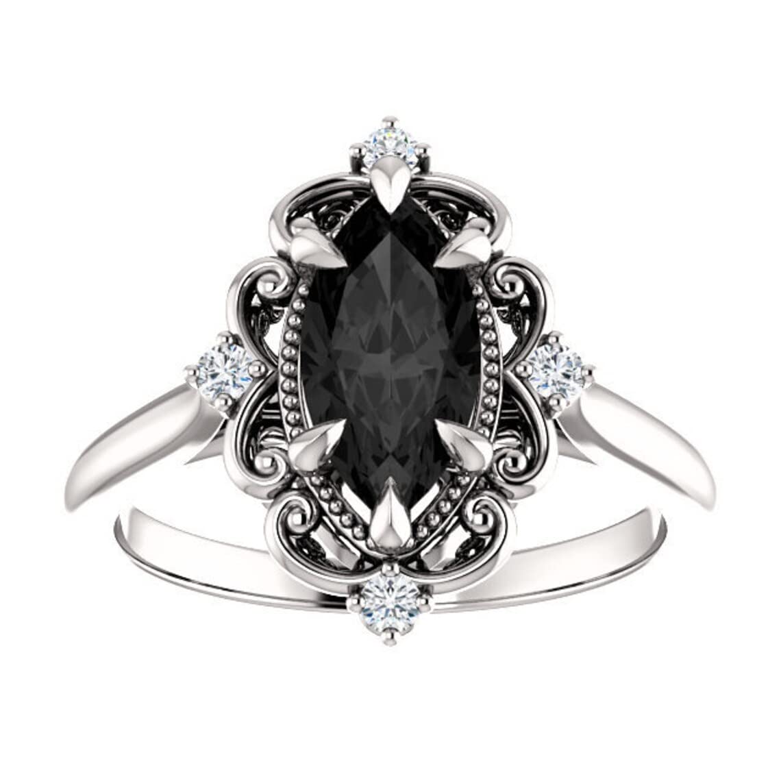 Vintage Black Marquise Engagement Ring - 2.0 CT Victorian Black Diamond Ring with Filigree Design - 925 Sterling Silver Black Onyx Ring - Perfect Gift for Anniversary, Proposal & Special Occasions