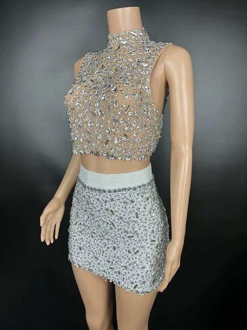 Kim Kardashian Inspired Rhinestone Chain Backless Two-Piece Dress Set for Birthday, Evening Party, Nightclub Outfit & Celebrations - Elegant & Sexy Clubwear for Women