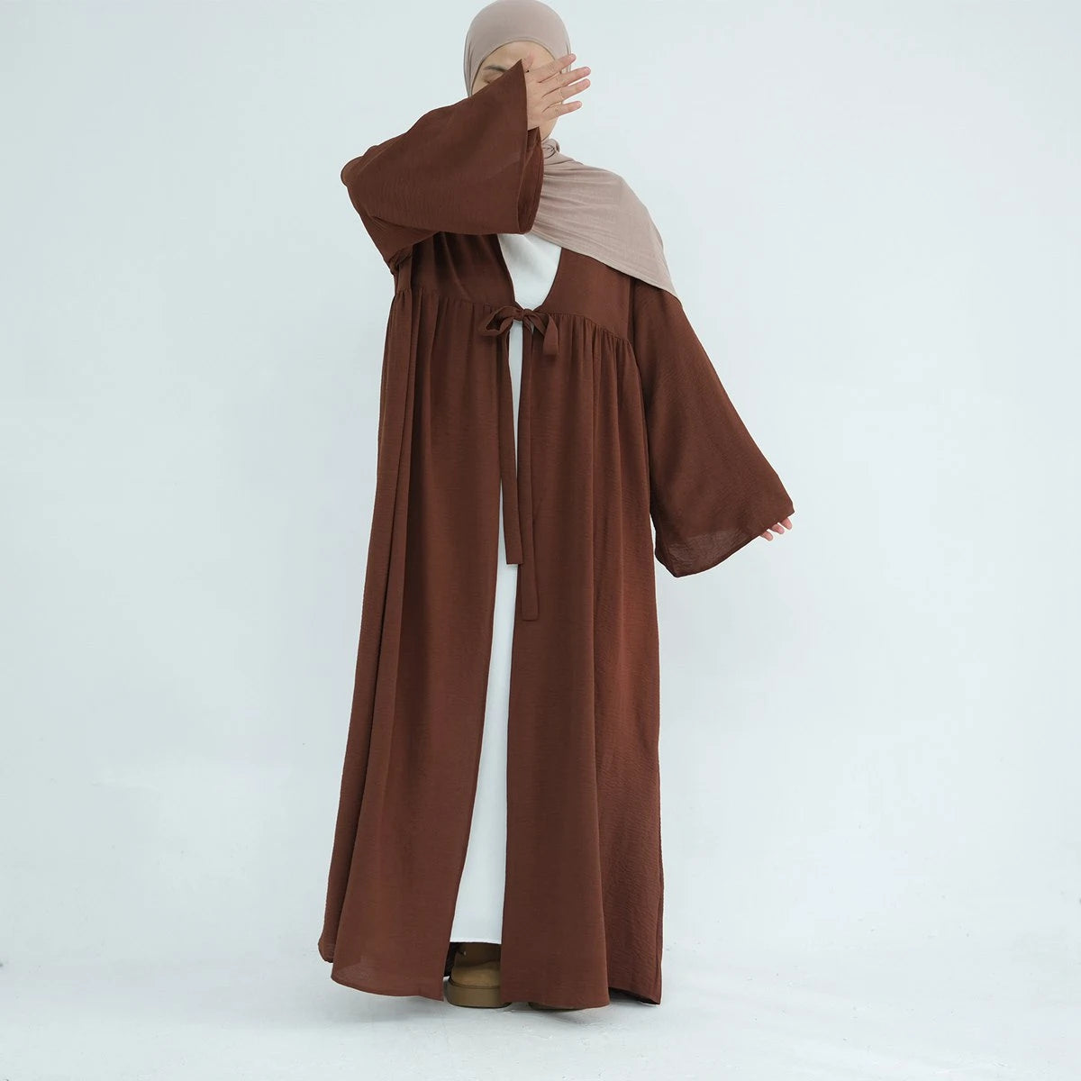 Elegant Lace-Up Crepe Open Abaya Dress #24896 - Modest Muslim Fashion for Women, Perfect for Prayer, Weddings & Special Occasions