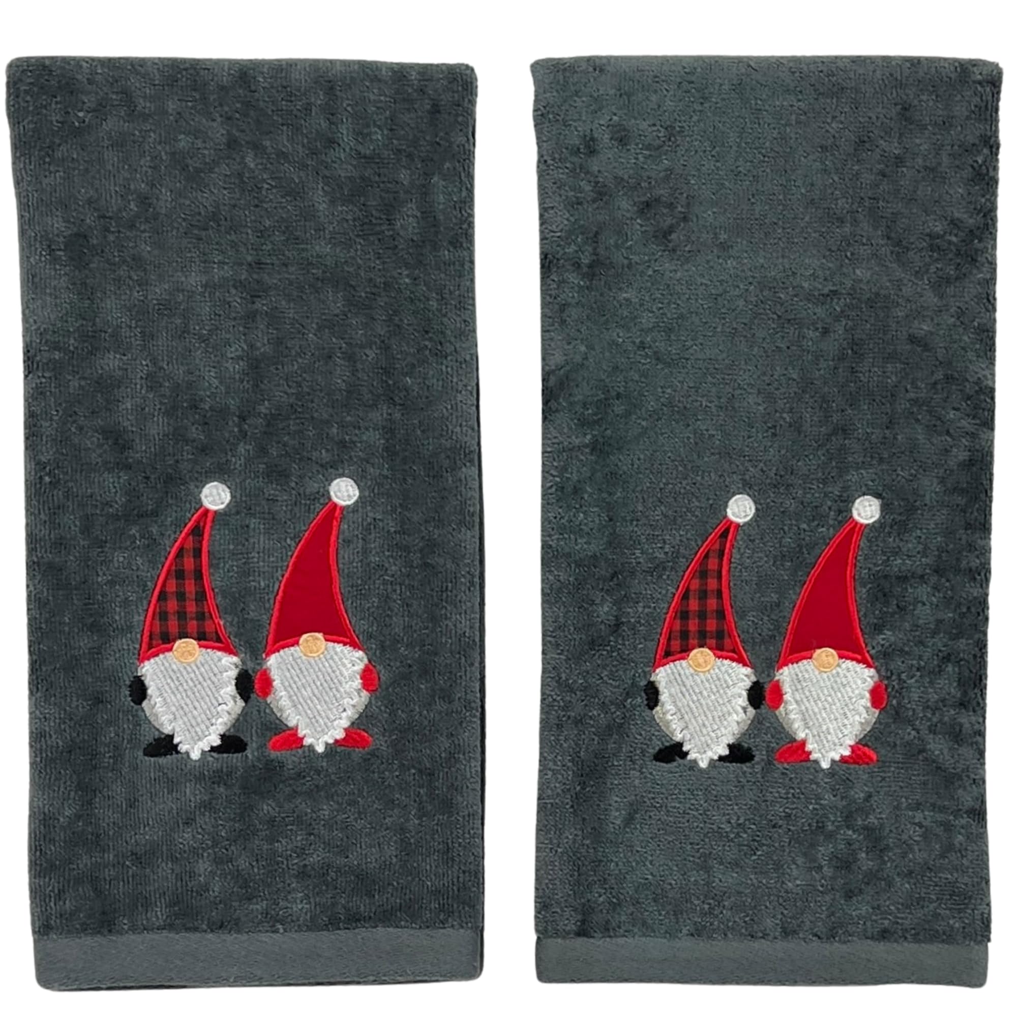 Christmas Gnomes Towel Set - 2 Pack Dark Grey Hand Towels with Red & White Embroidery | Nordic Holiday Decor | Perfect for Kitchen, Bathroom & Festive Home Decor