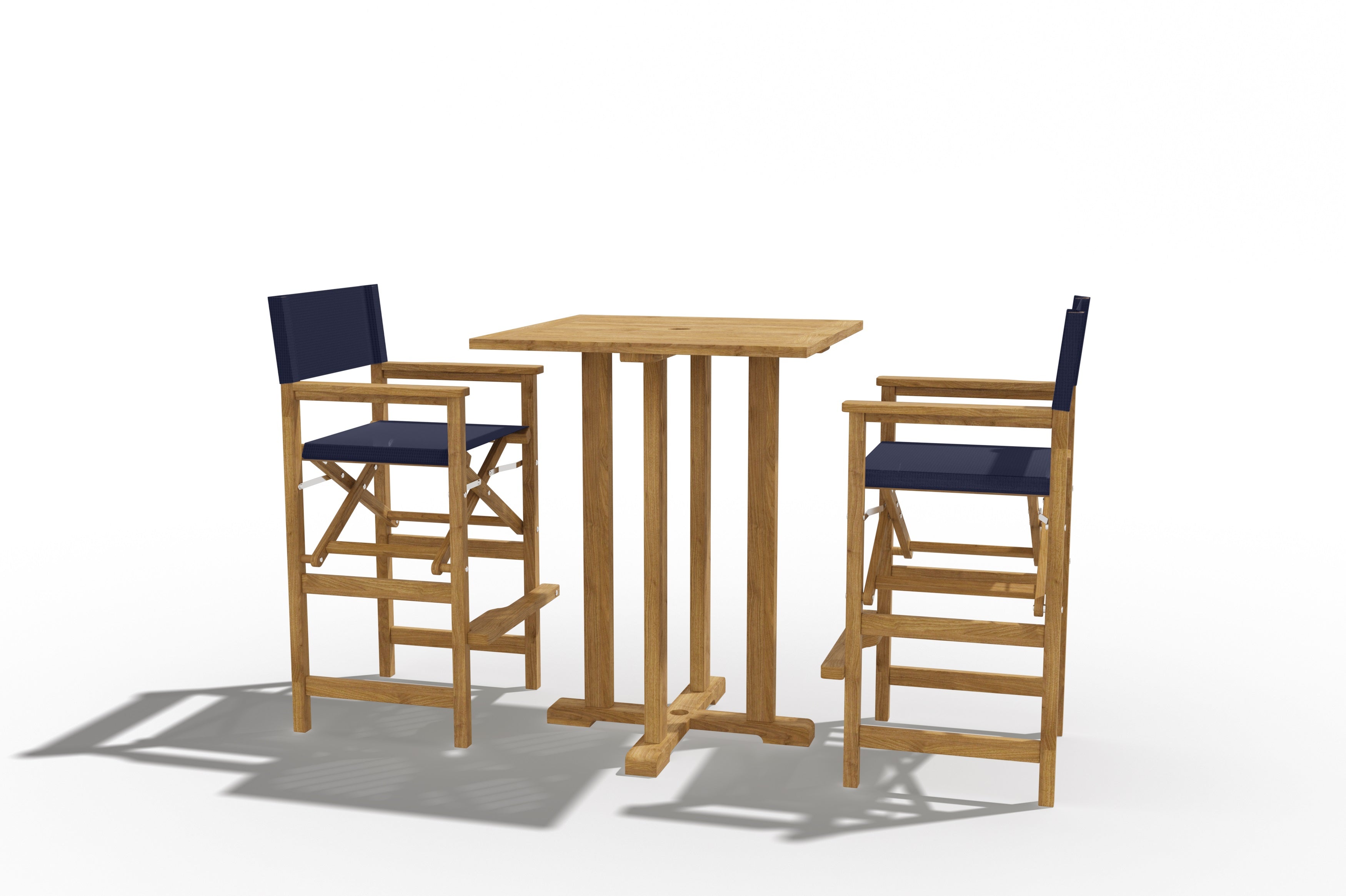 3-Piece Square Teak Outdoor Bar Height Dining Set with Folding Armchairs - Blue Patio Furniture for Backyard, Poolside & Garden Entertaining